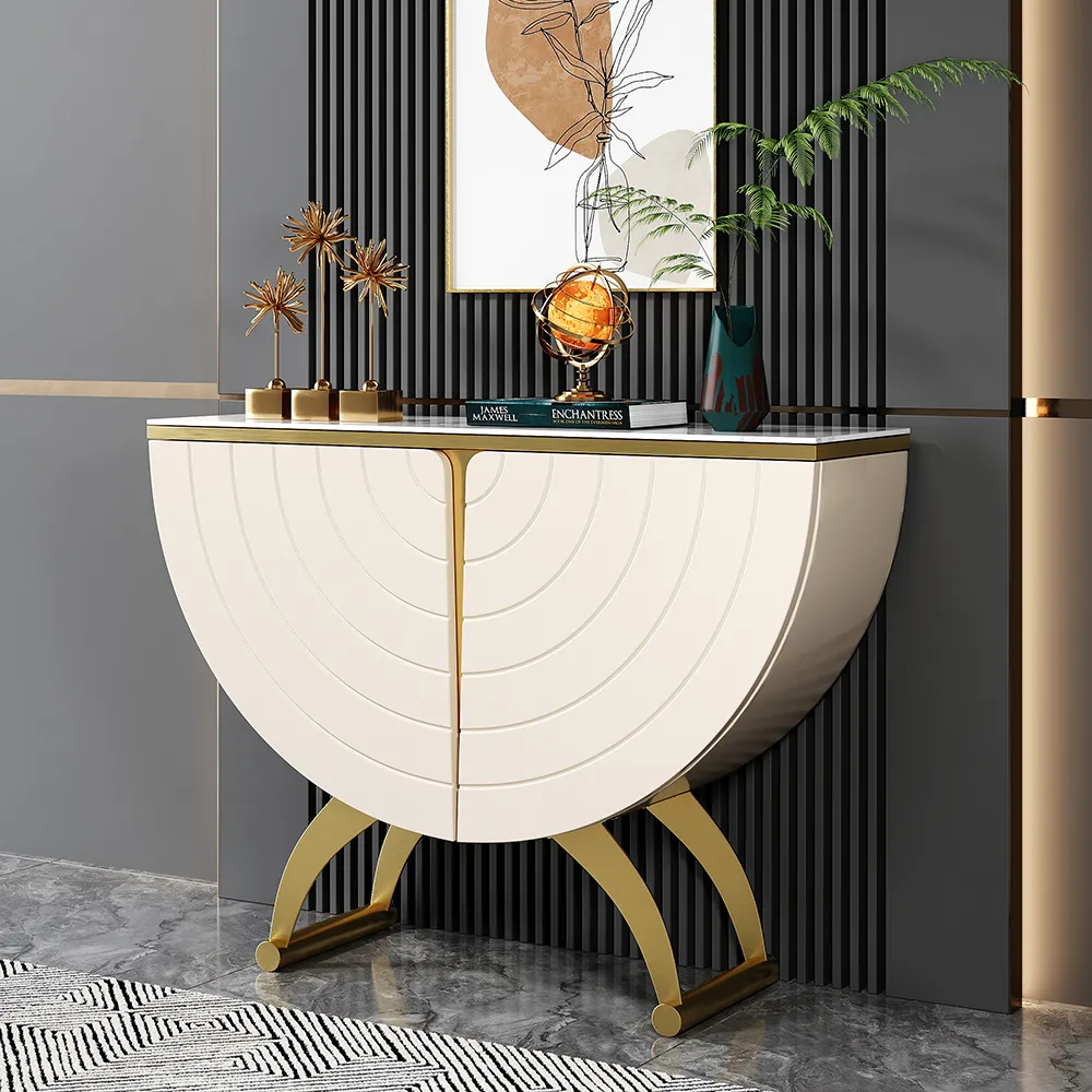 Semicircle Console Table with Doors - Matte Ivory, Sintered Stone product