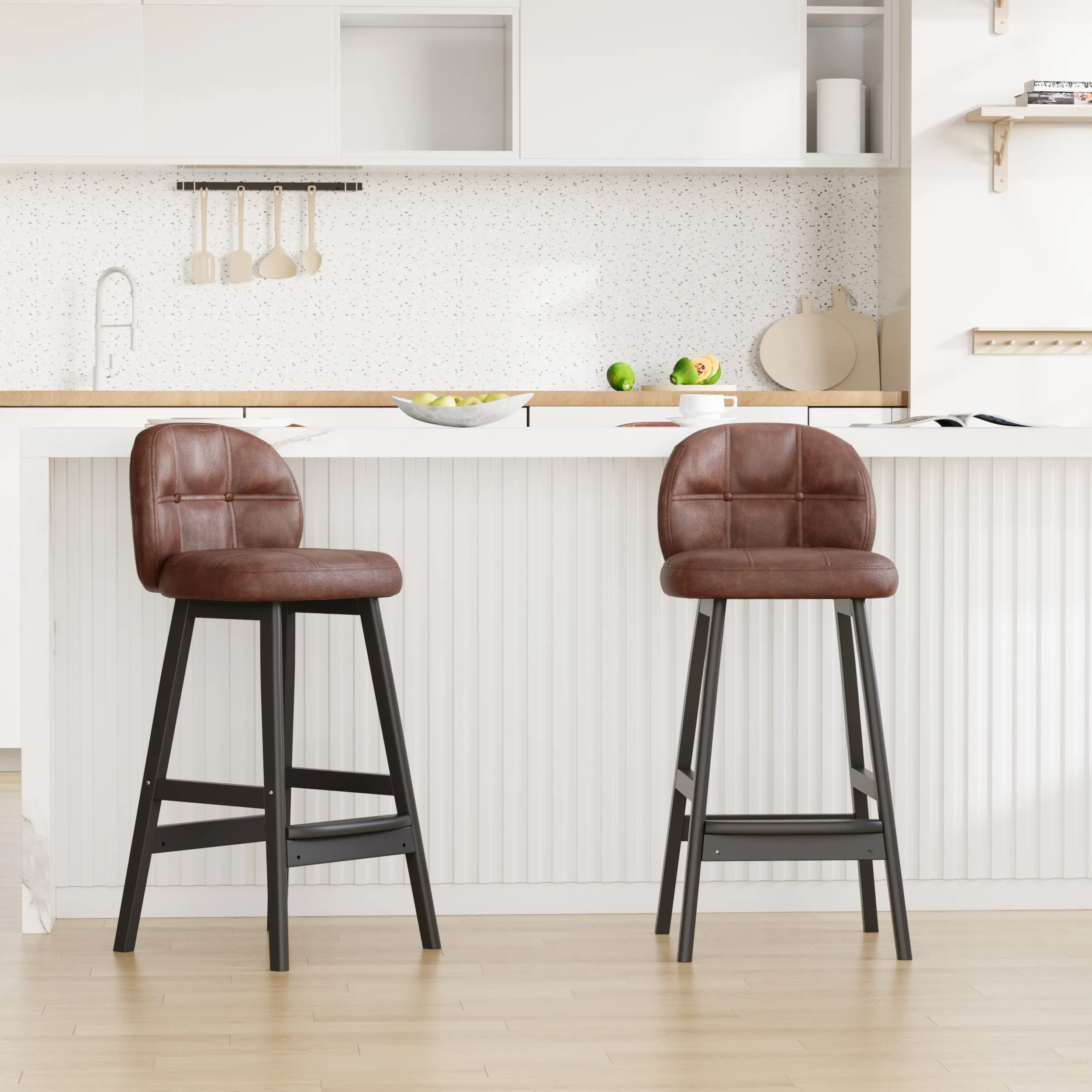 Set of 2 Counter Stools Tufted Curved Back - Brown, PU Leather product