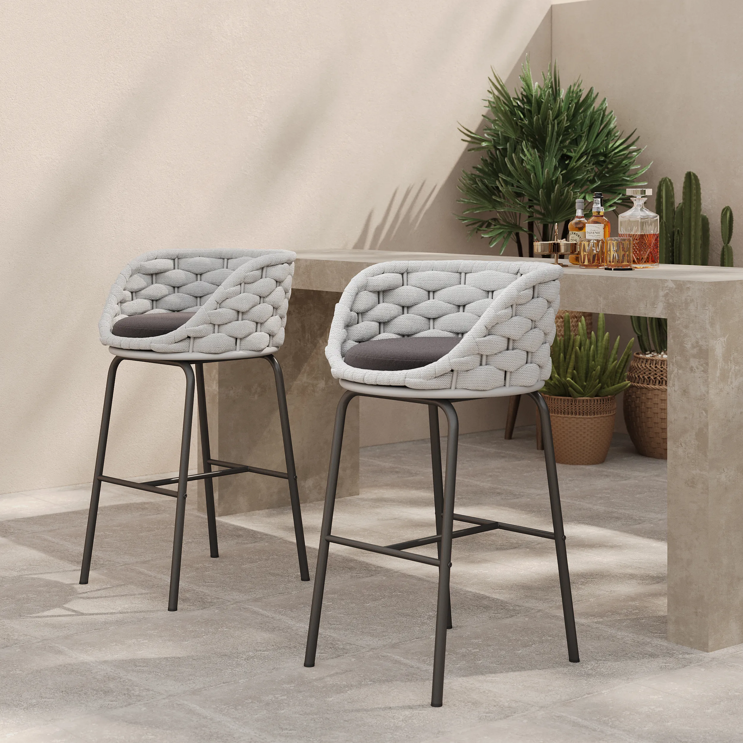 Set of 2 Outdoor Bar Stools with Backs - Light Gray, Woven Rope product