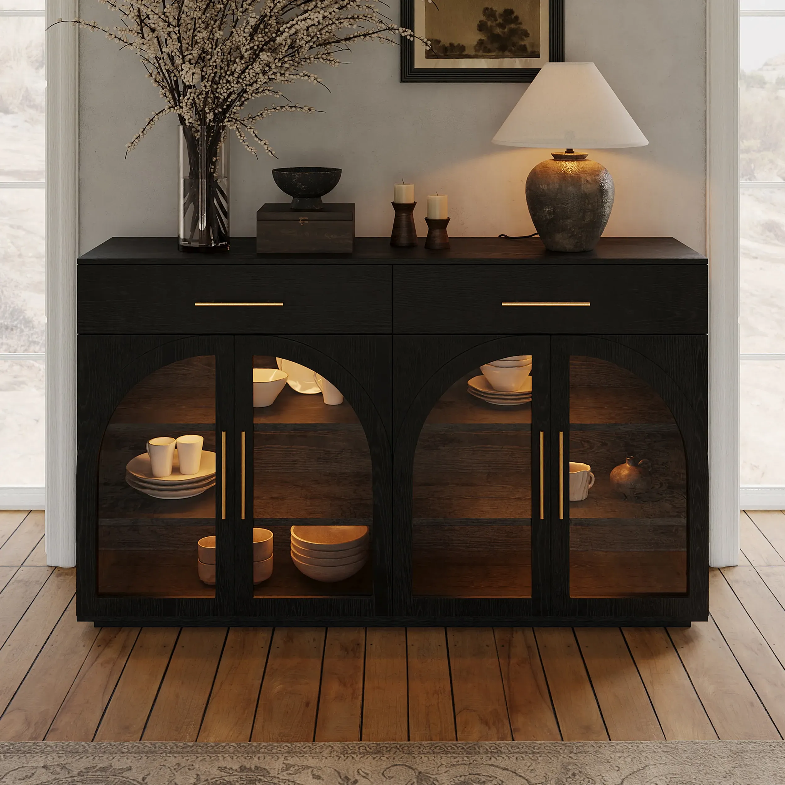 Sideboard Buffet with Glass Doors & Sensor LED - Black, Wood product