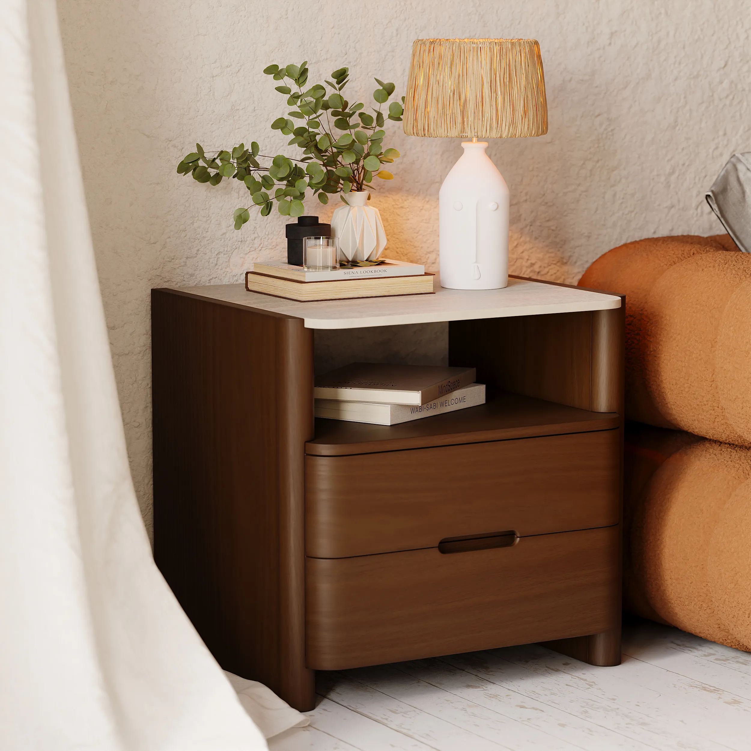 Sintered Stone Top Bedside Table with Drawers & Shelf - Walnut product