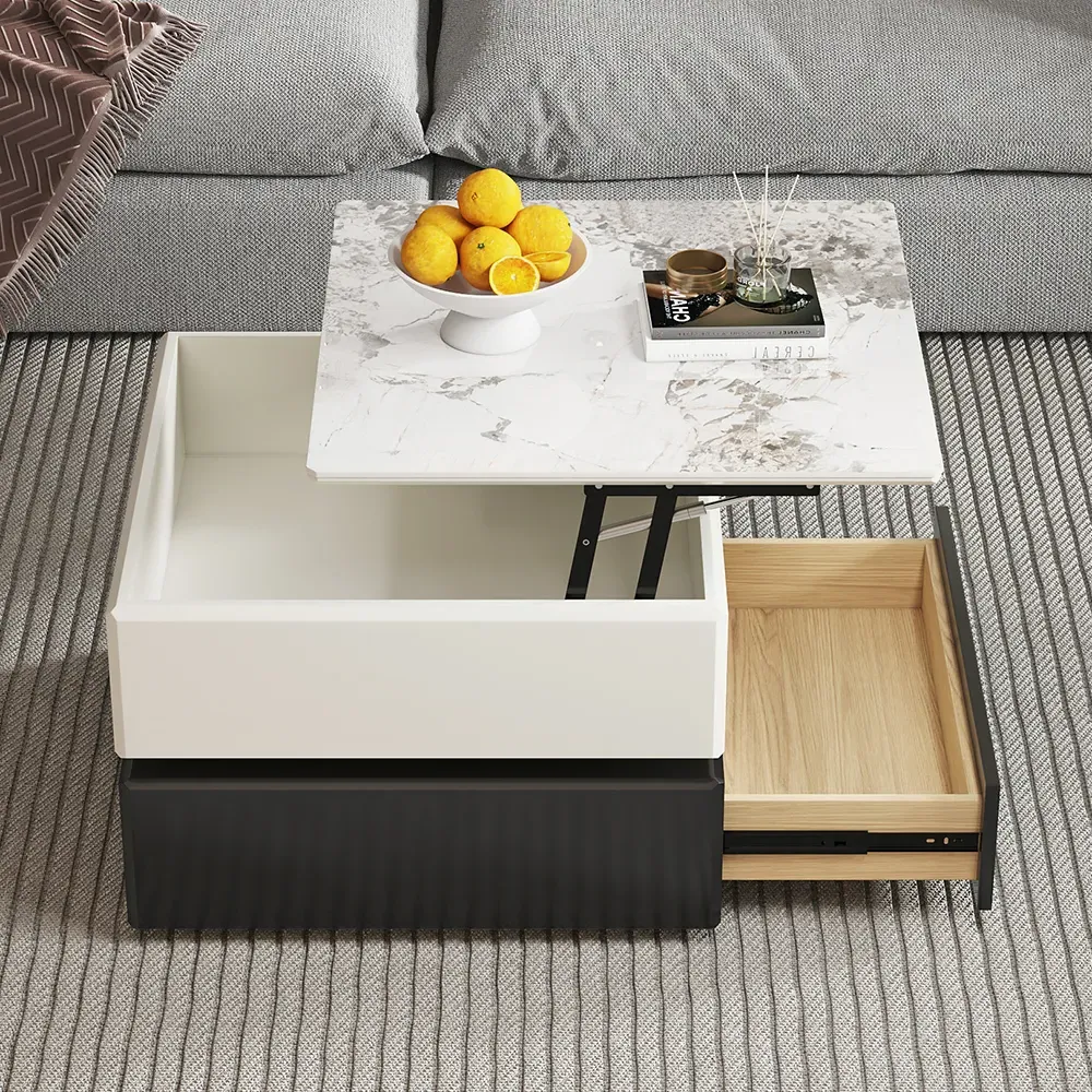 Small Square Sintered Stone Rotating Lift Top Coffee Table with Storage - Black, Khaki product