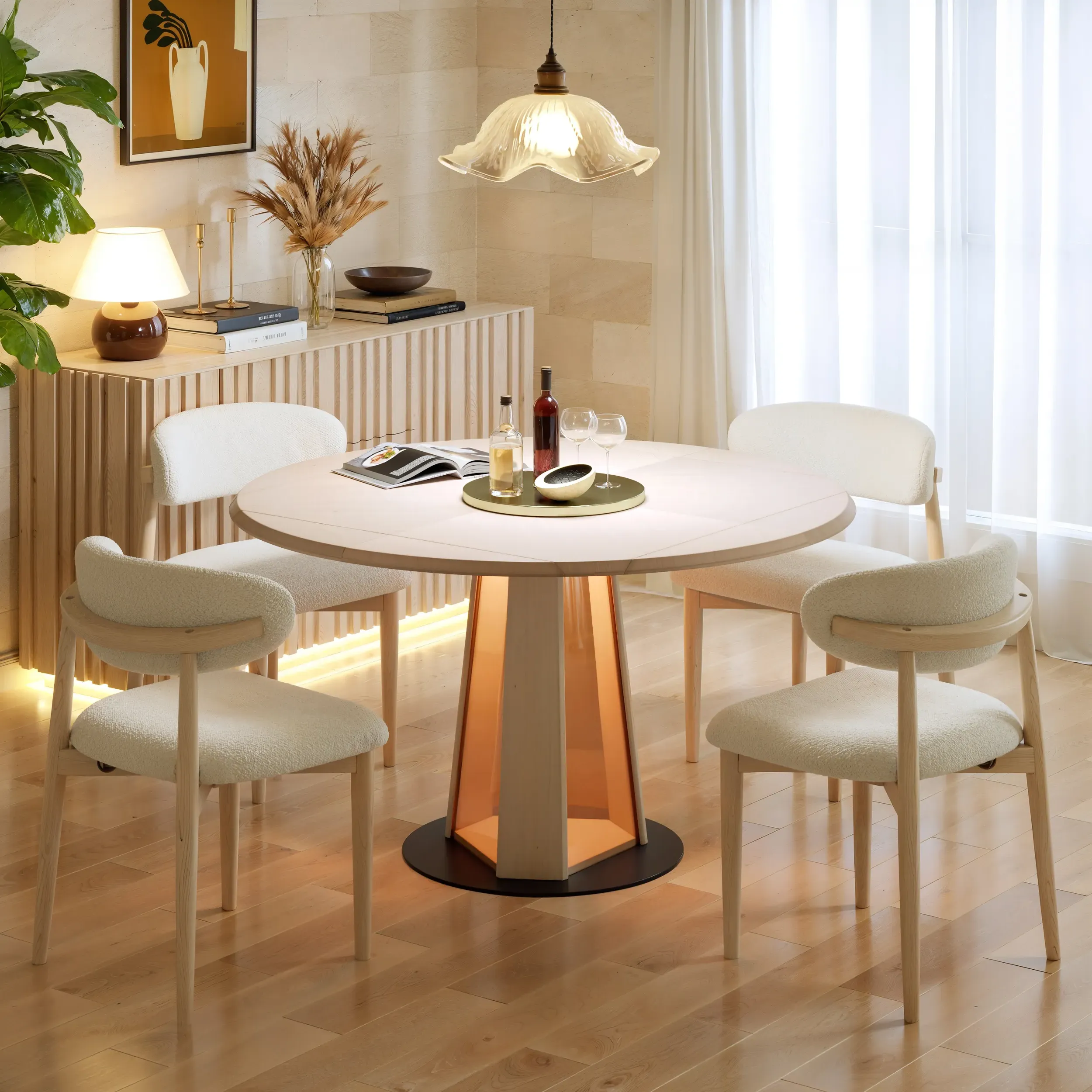 Solid Wood Extendable Dining Table with Light - Whitewash product