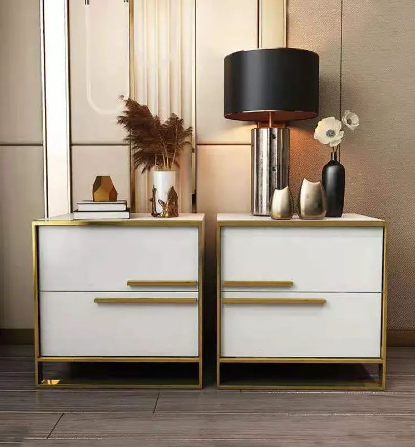 Square Bedside Table Set of 2 with 2 Drawers - White, Gold product