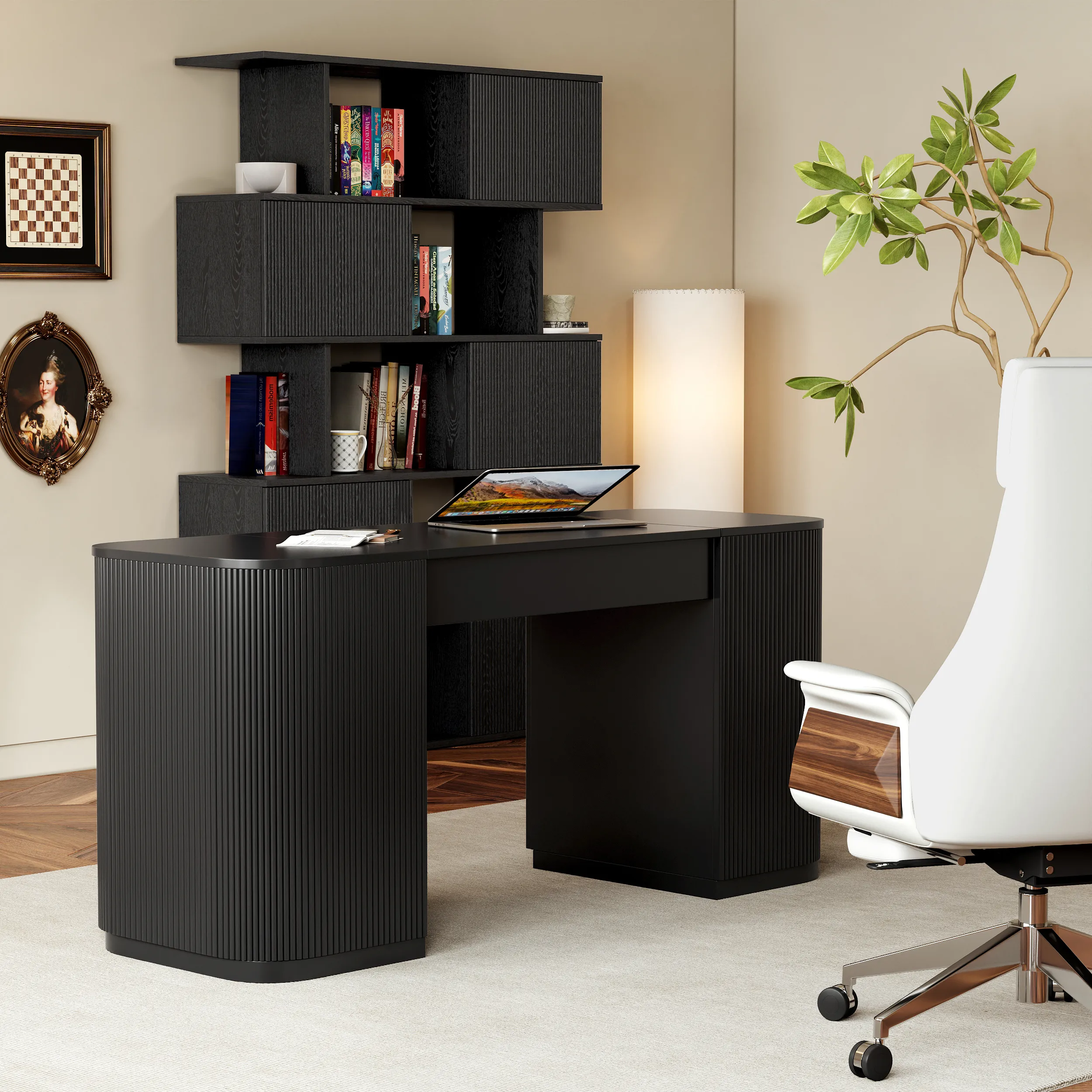 Standing Desk & Etagere Bookshelf with Sliding Doors - Black product