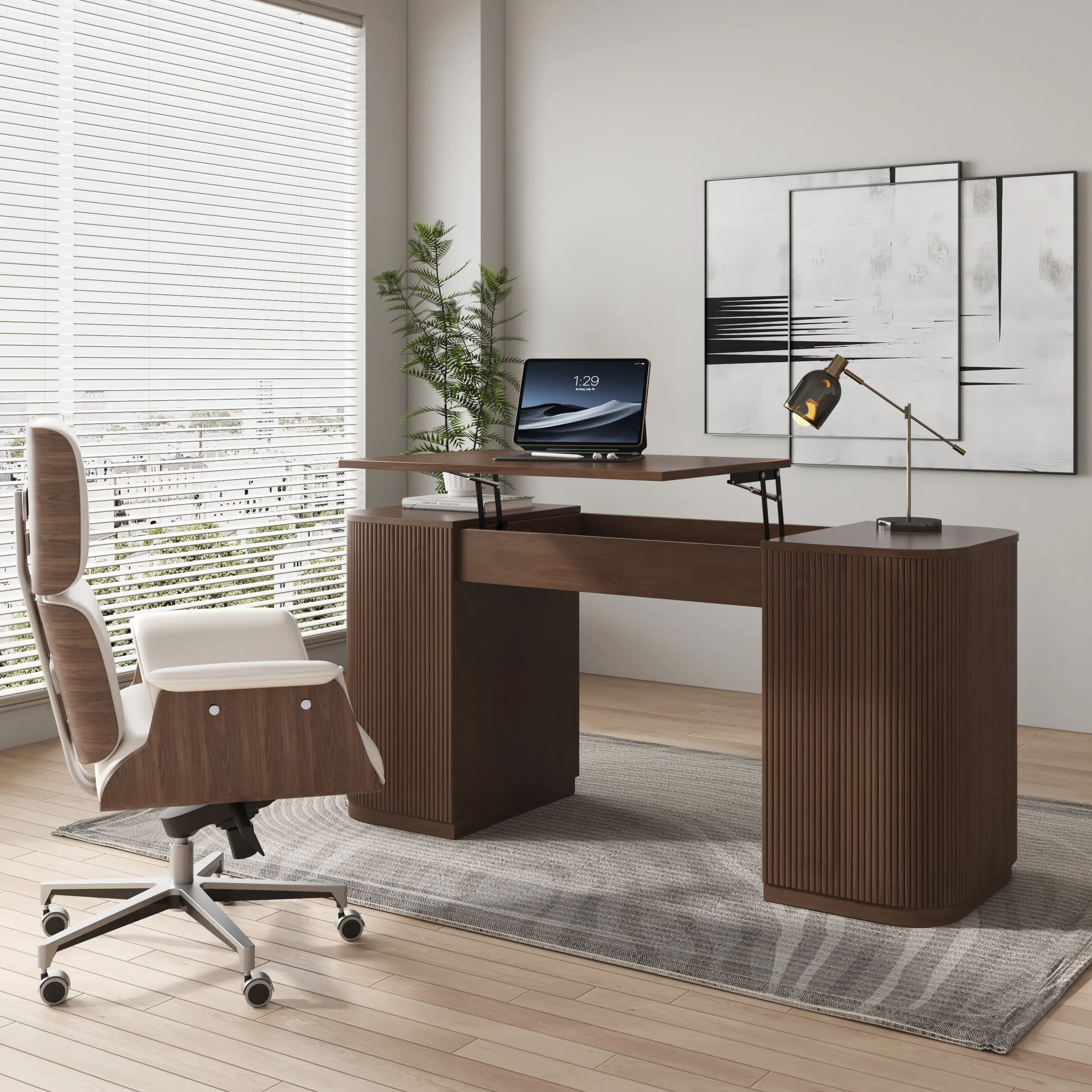 Standing Desk & Swivel Chair Set with Storage - Walnut, Engineered Wood product