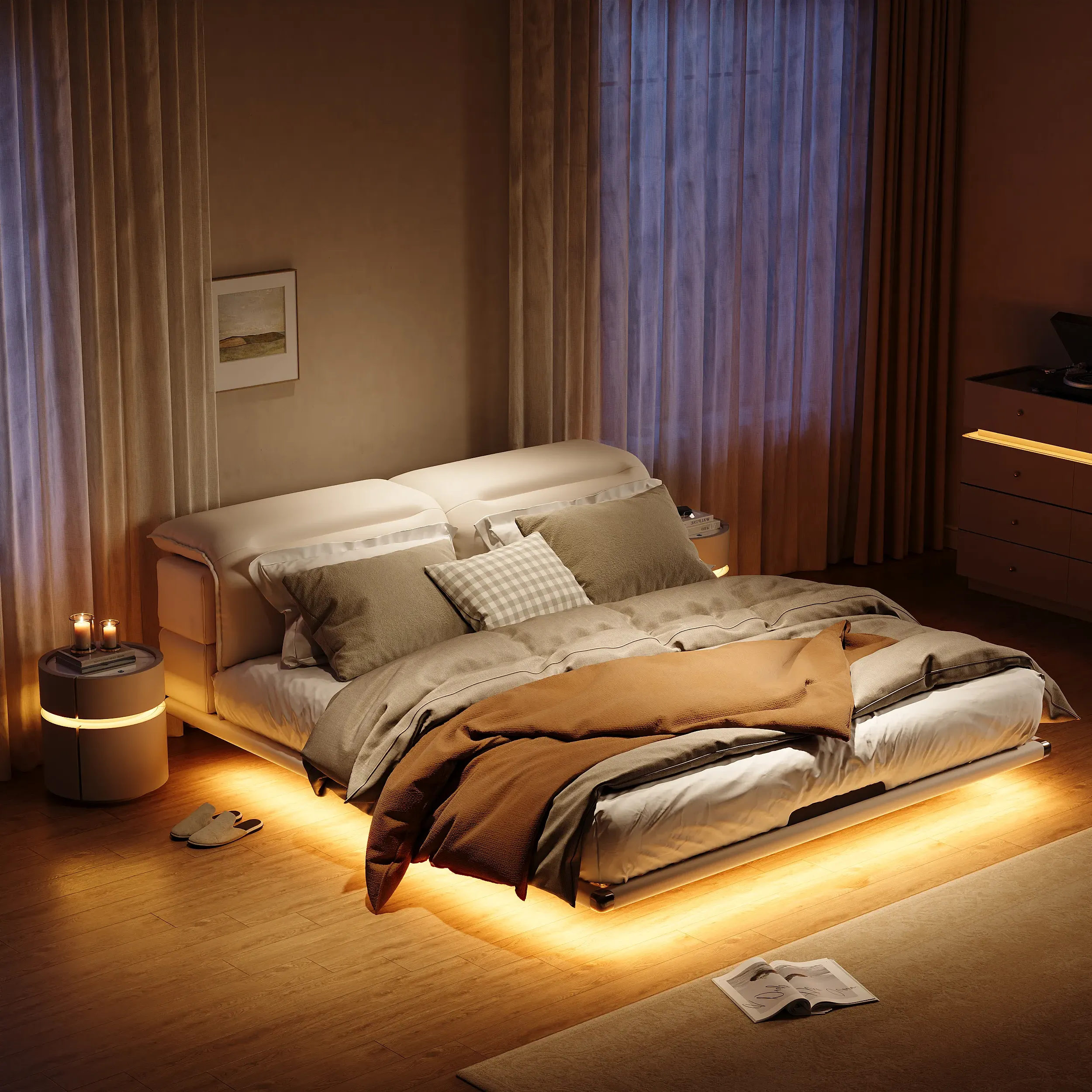 Super King Size Floating Bed Frame with LED & Adjustable Headboard - Faux Leather product