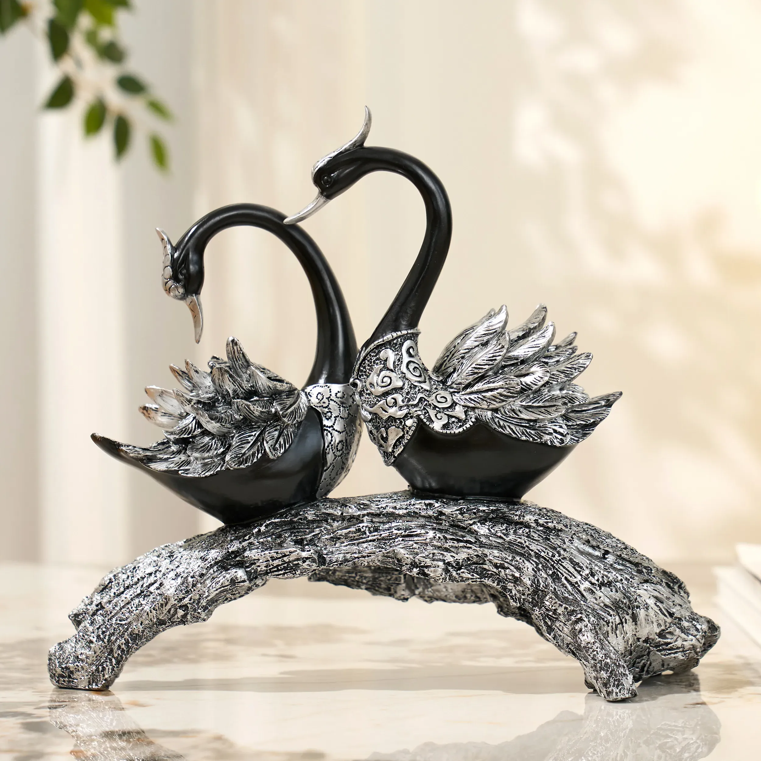 Swan Couple Resin Sculpture - Black & Silver product