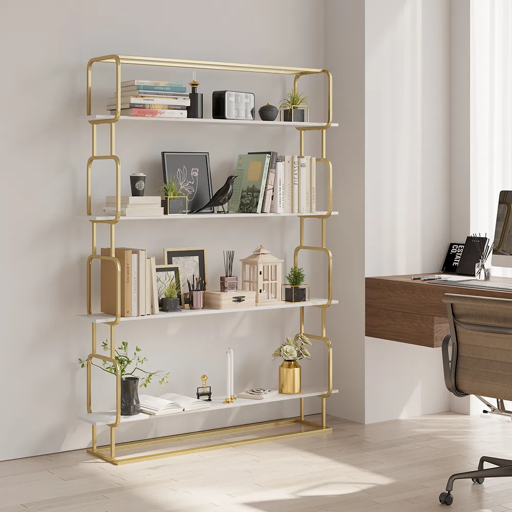 Tall Freestanding 4-Shelf Etagere Bookcase - White, Gold product