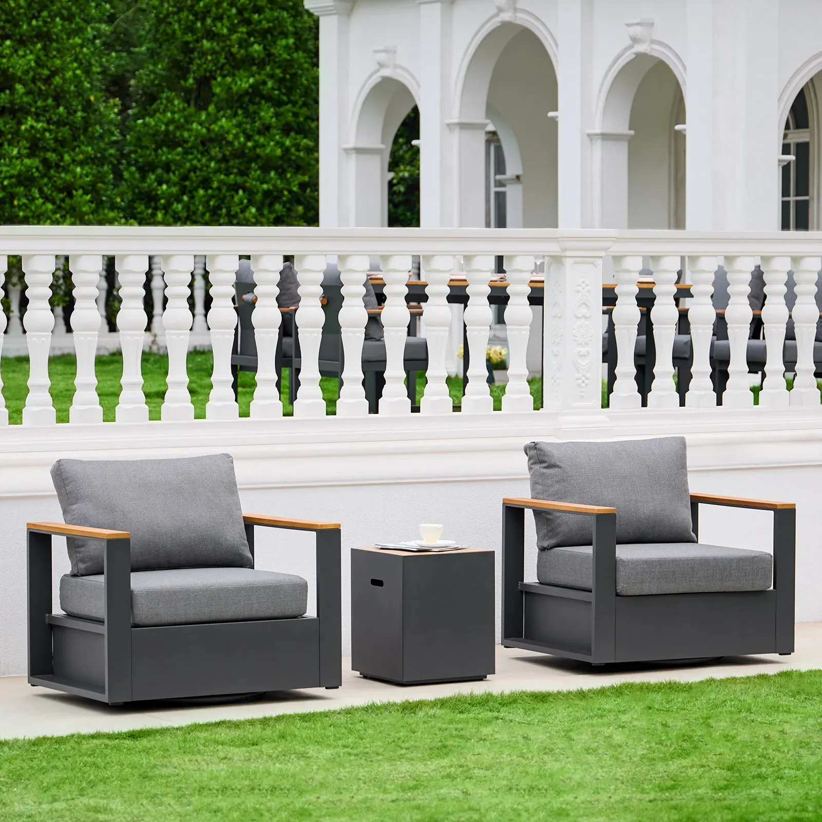 Teak & Aluminium Outdoor Swivel Chair Set of 2 - Dark Grey product
