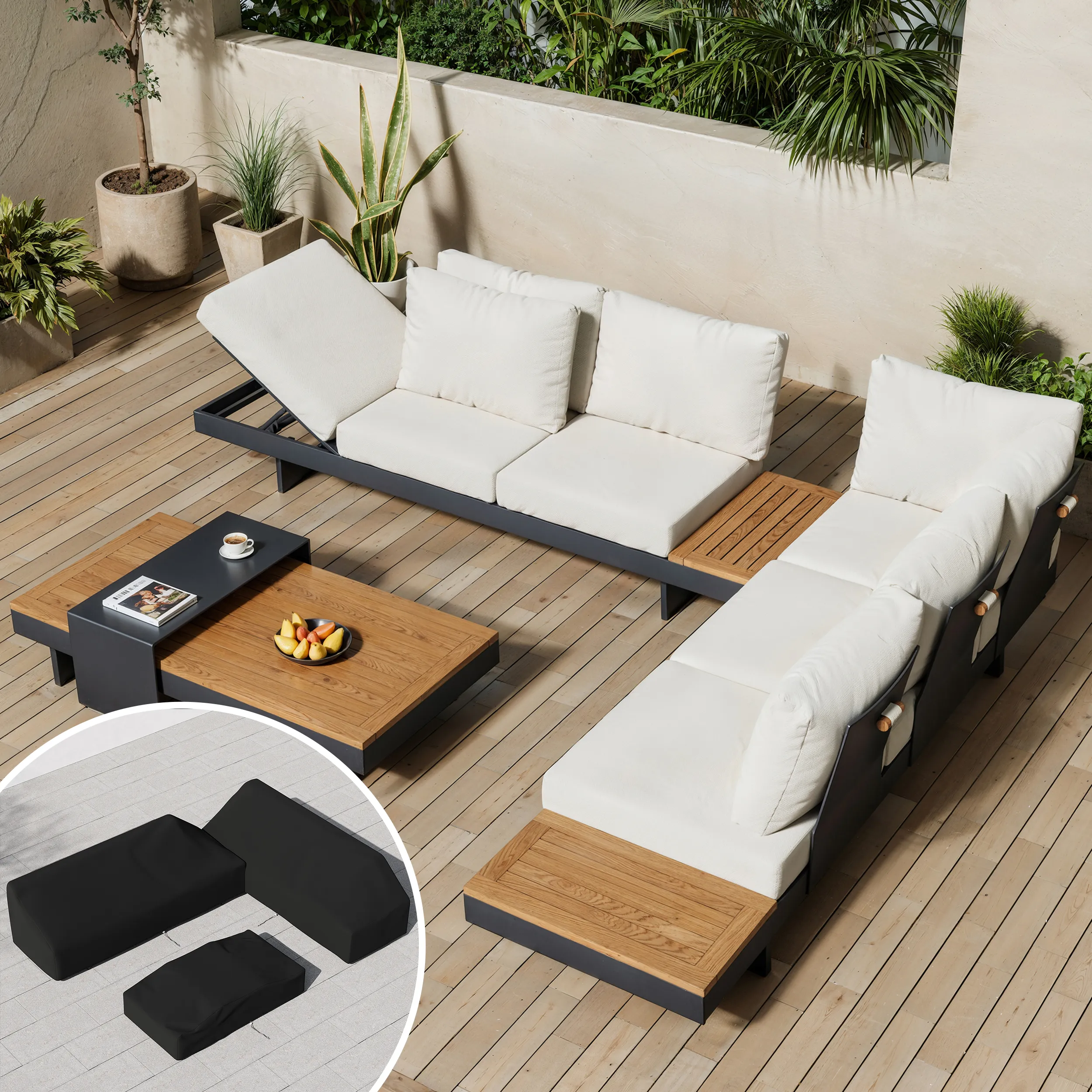 Tevara 4-Piece Modular Outdoor Sofa Set with Teak Table - Dark Grey product