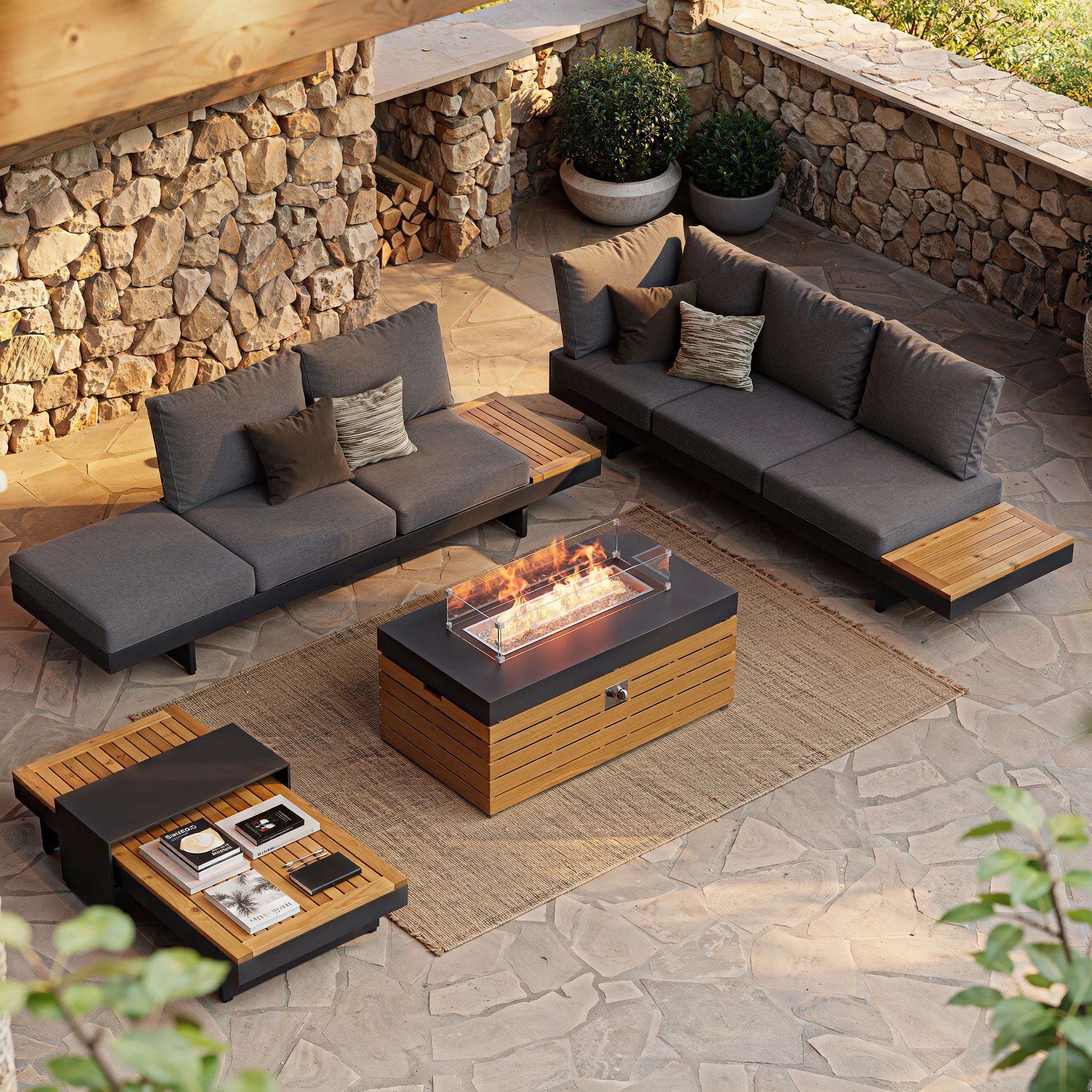Tevara 5-Piece Modular Outdoor Sofa Set with Fire Pit - Dark Grey, Teak product