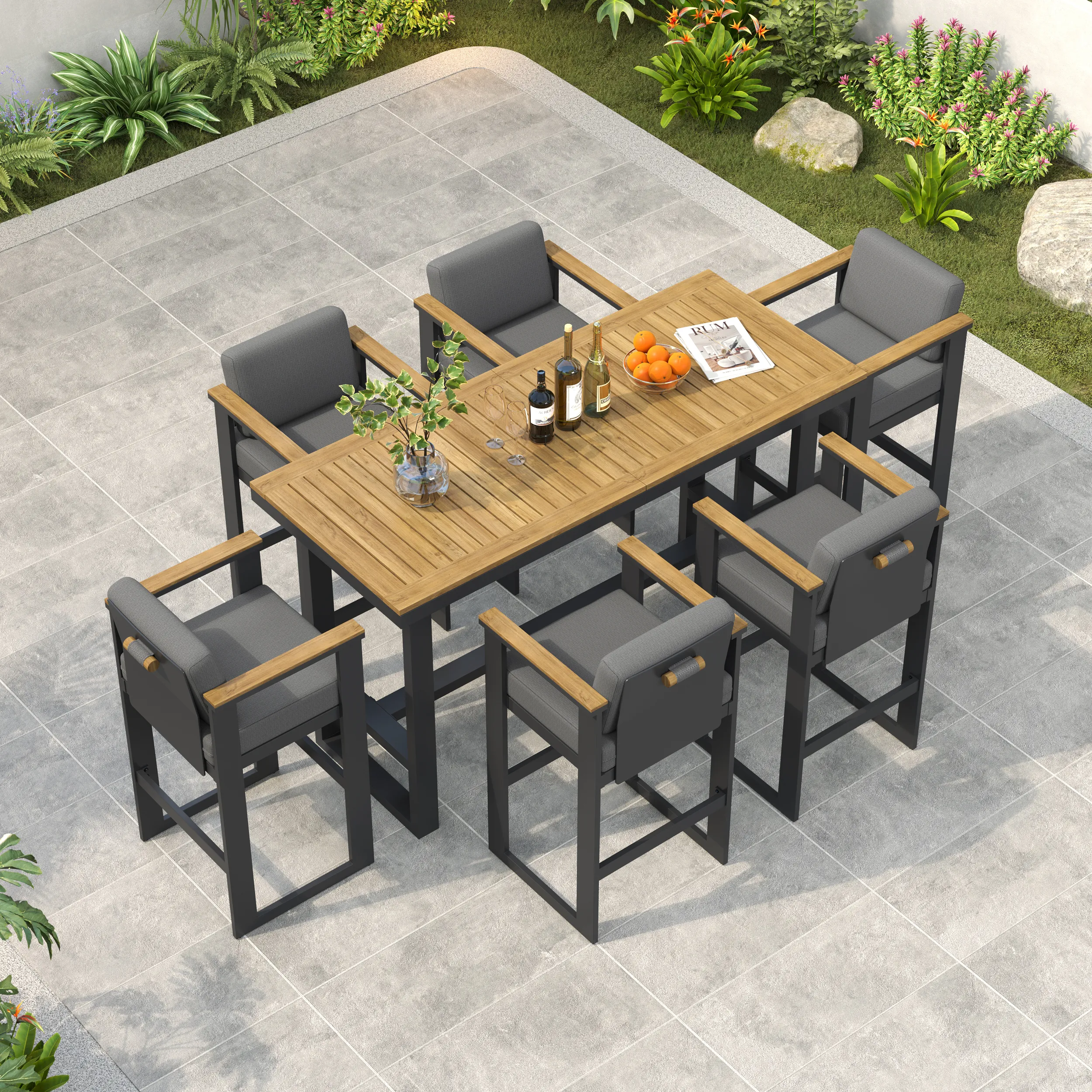 Tevara 7-Piece Bar Table Set with 6 Stools - Dark Grey, Teak product