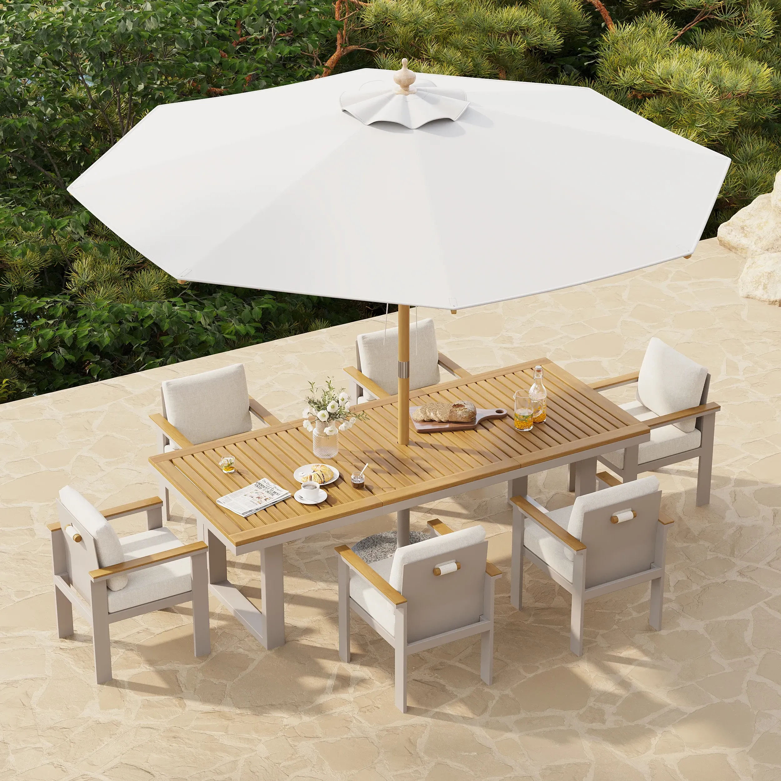 Tevara 8-Piece Rectangle Outdoor Patio Dining Set with Umbrella - Sand, Teak Wood & Aluminium product