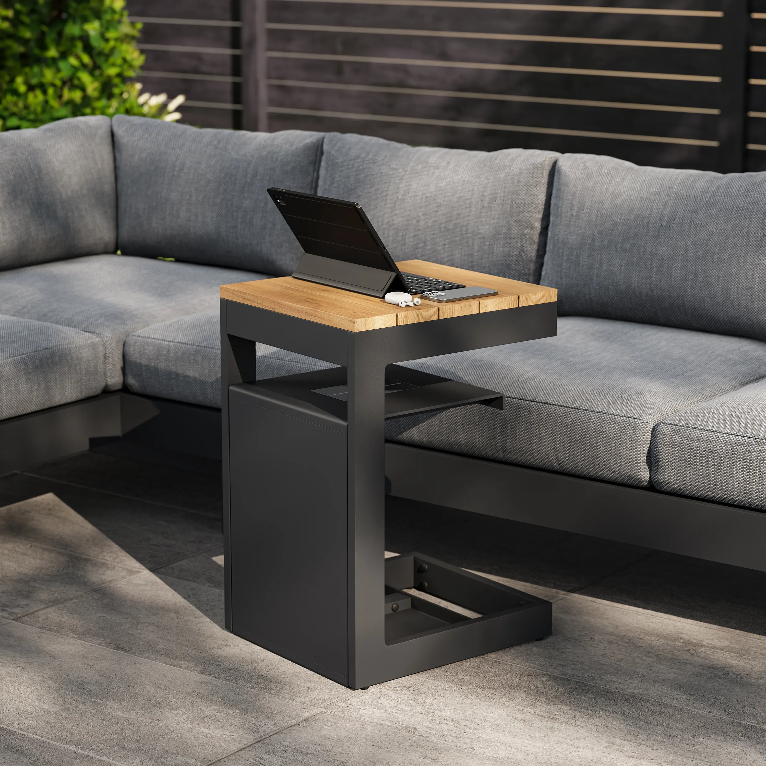 Tevara C-Shaped Outdoor Side Table with Solar Light - Dark Grey, Teak product