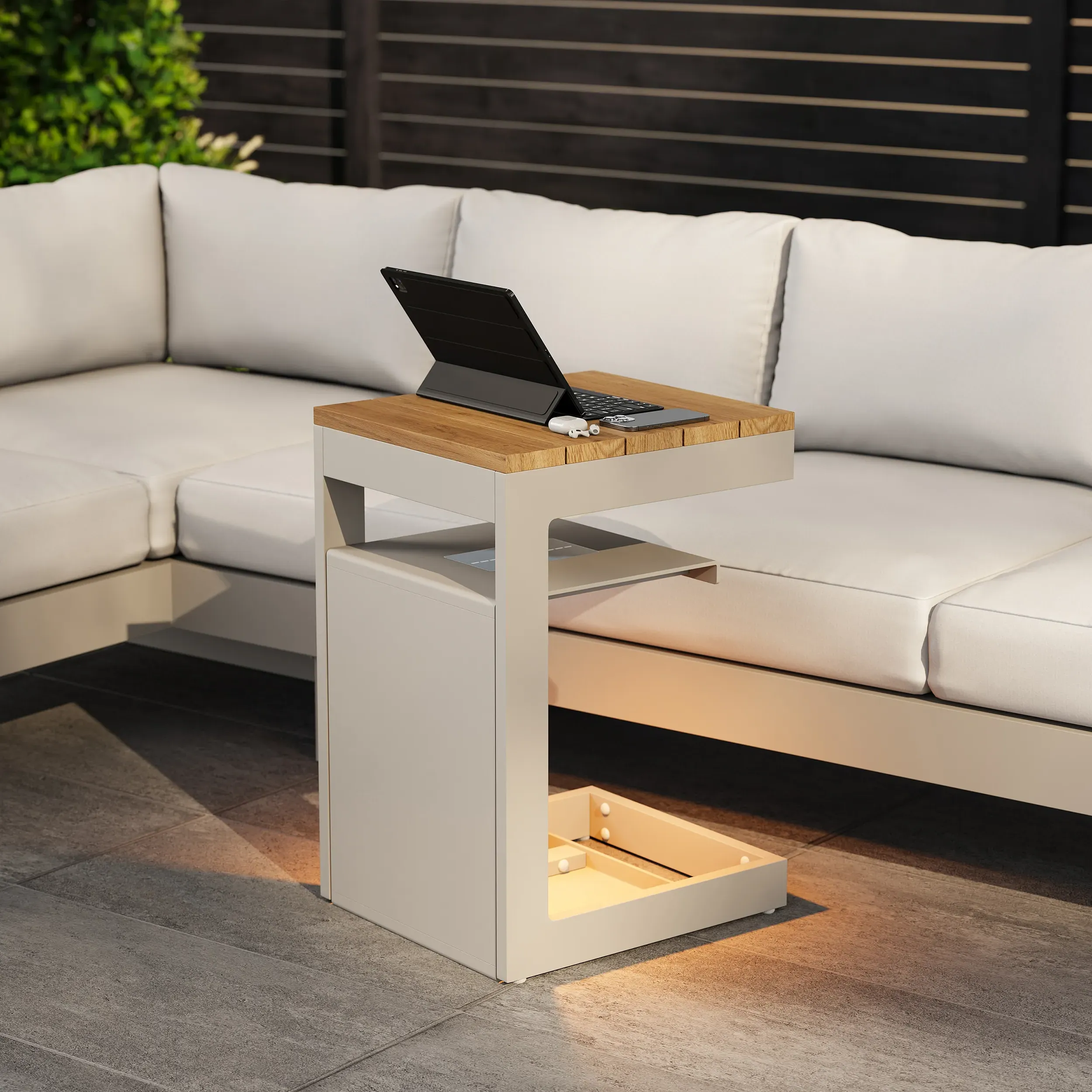 Tevara Outdoor Side Table with Solar Light - Sand, Teak & Aluminium product