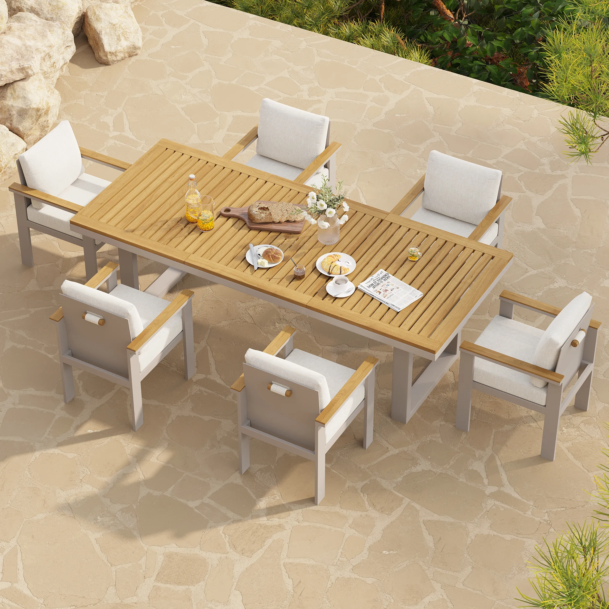 Tevara Rectangle Outdoor Dining Table with Umbrella Hole - Natural Teak, Aluminium product