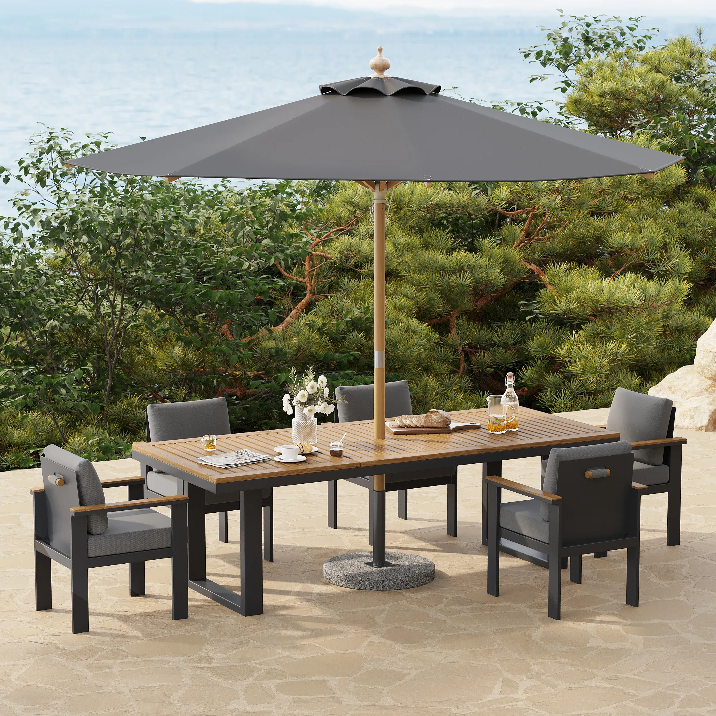 Tevara Rectangular Dining Table with Umbrella Hole - Natural Teak, Aluminium product
