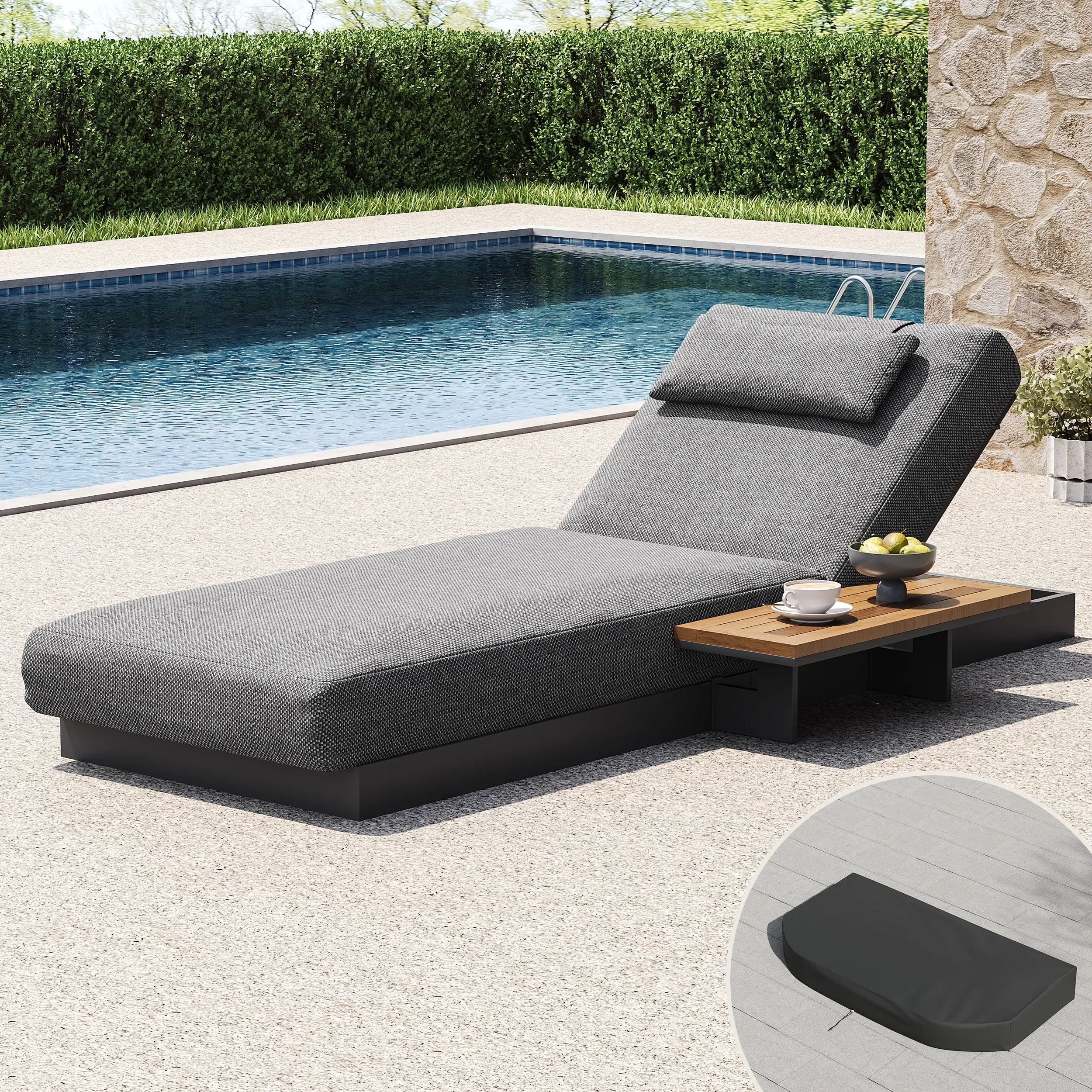Tevara Single Outdoor Chaise Lounge Reclining with Side Table - Dark Grey, Teak product