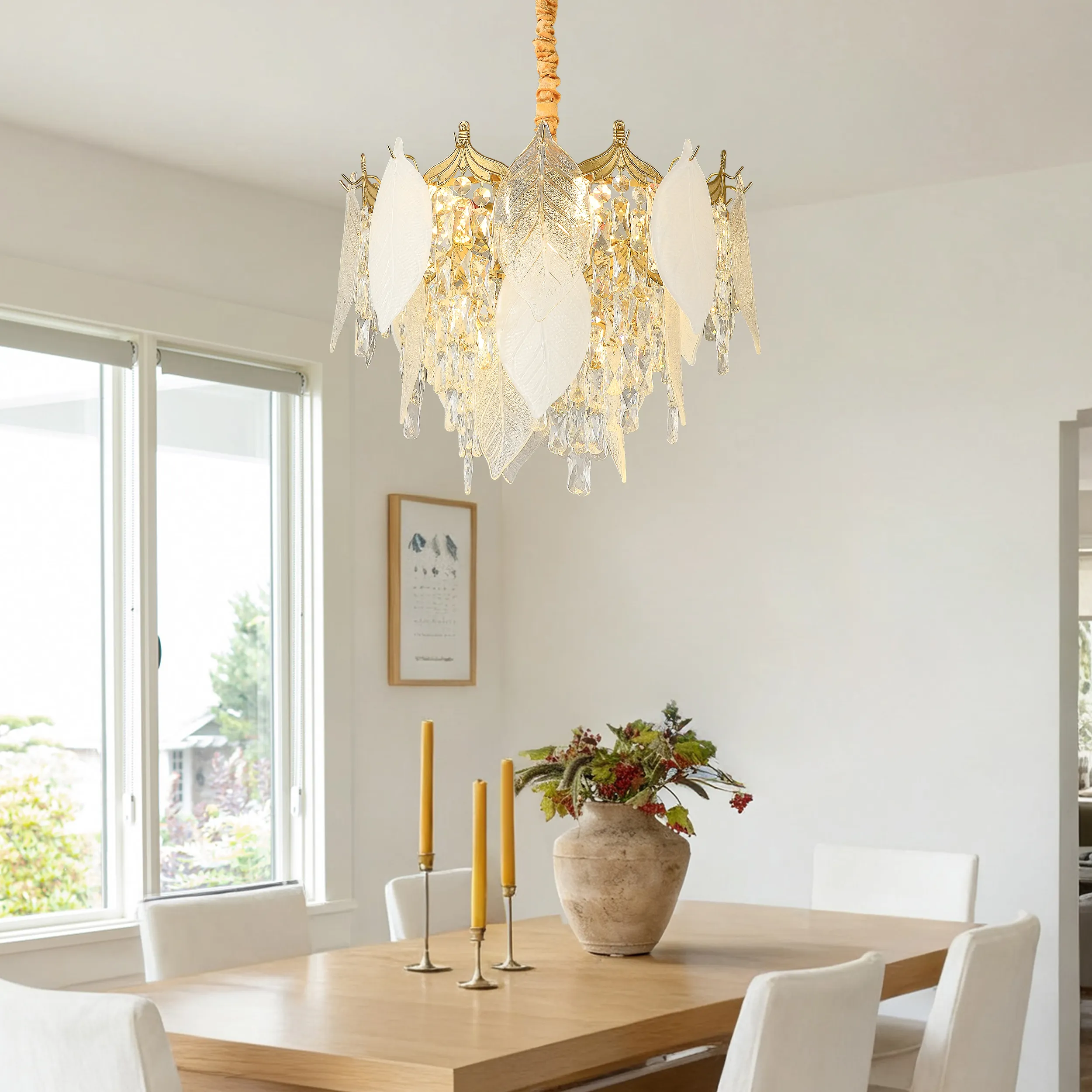 Tiered Leaf Crystal Chandelier Adjustable Height - Chrome, Crystal product