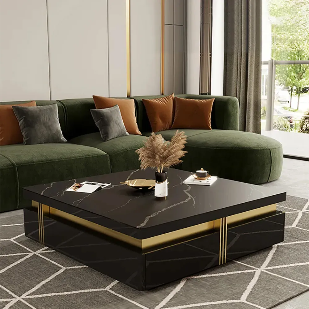 Trimied Square Coffee Table with 4 Drawers - Black, Sintered Stone product