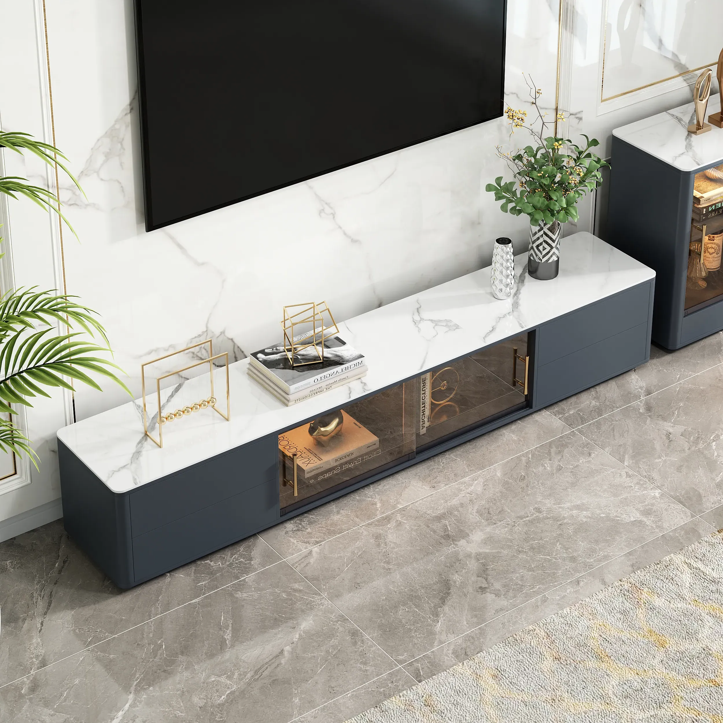 TV Stand 4-Drawer with Glass Doors & Sintered Stone Top - Dark Grey product