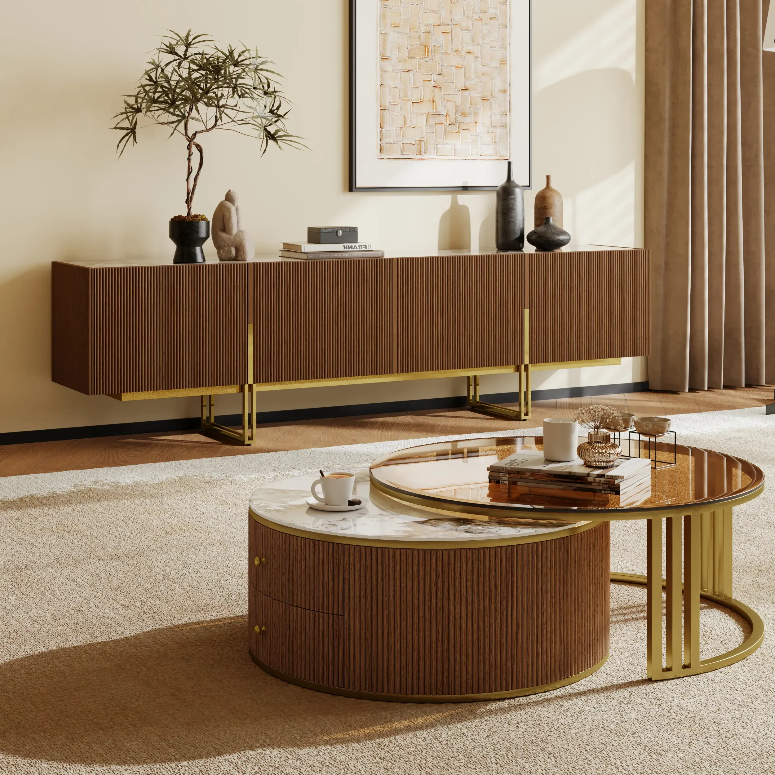 TV Stand & Nesting Coffee Table Set with Storage - Walnut, Sintered Stone product