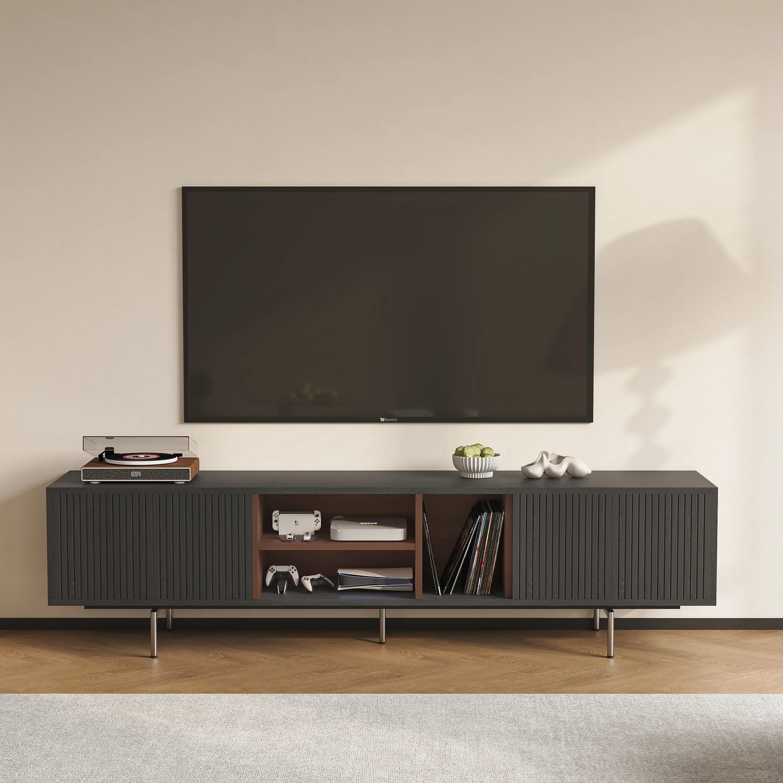 TV Stand with Open Shelf and Storage - Black, Engineered Wood product