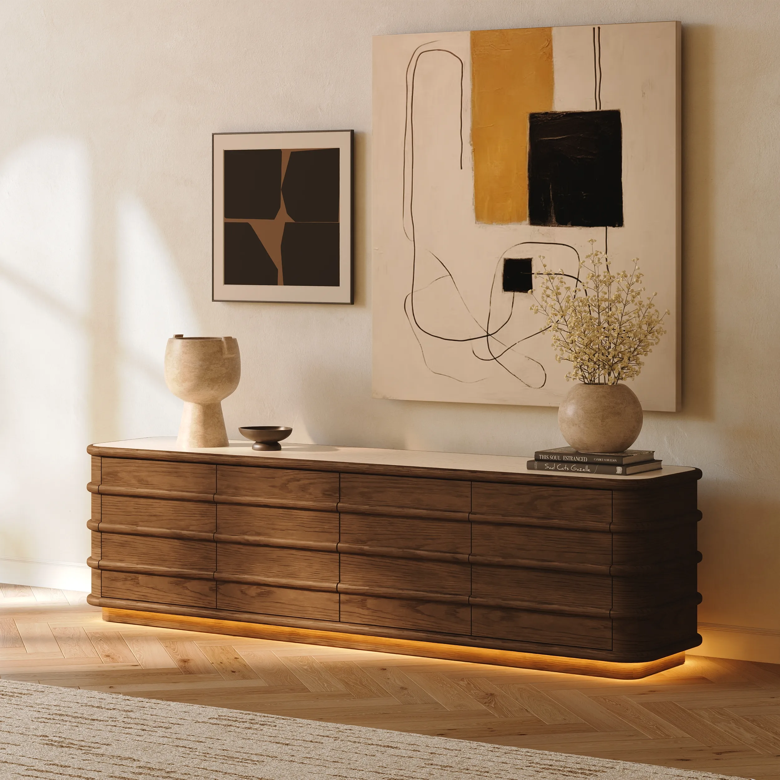 TV Stand with Sintered Stone Top and LED - Walnut, Ash Wood product