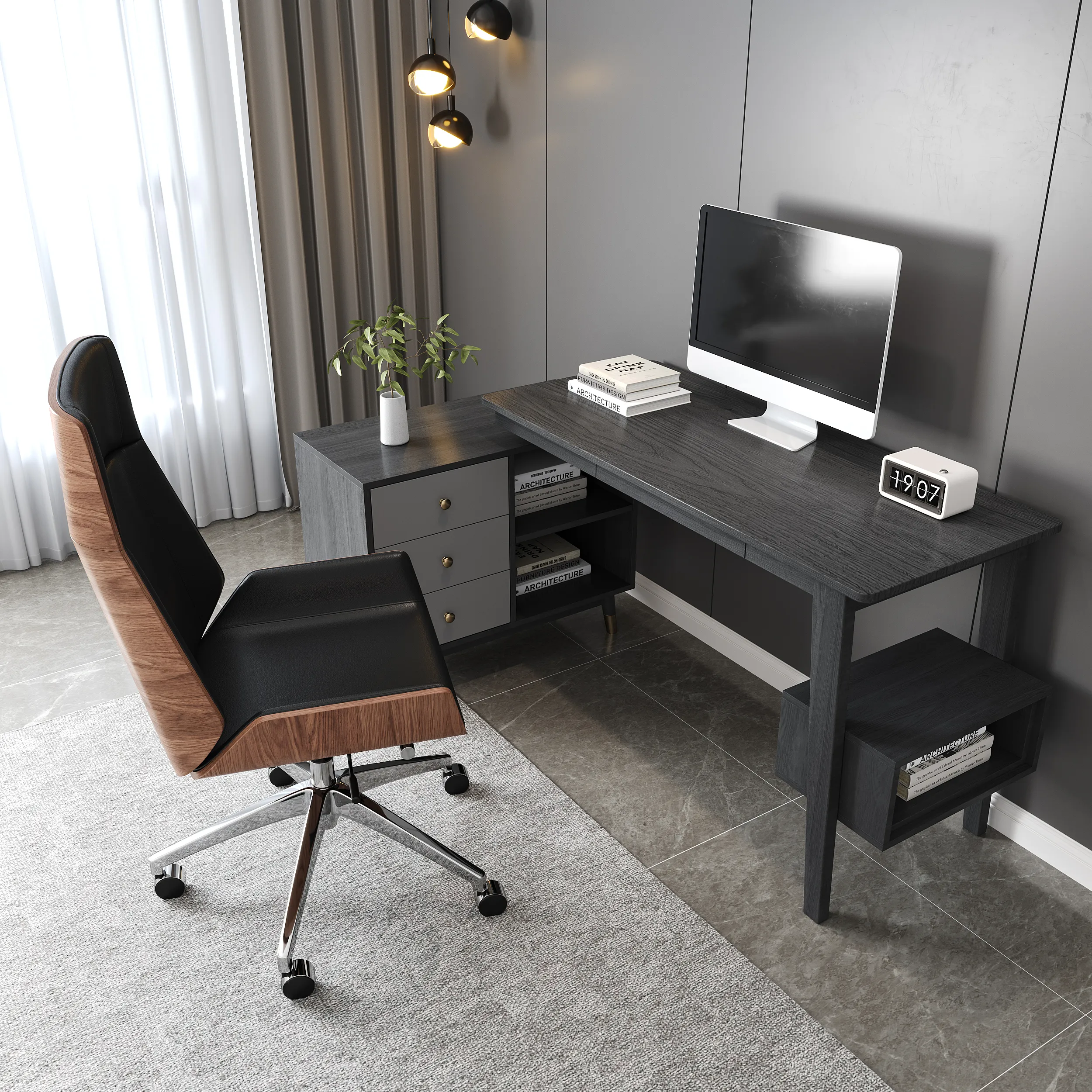 Ultic L-Shaped Desk & Office Chair Set with Storage - Dark Grey product