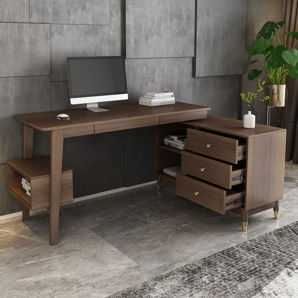 Ultic L-Shaped Desk with Storage Drawers & Shelf - Walnut product