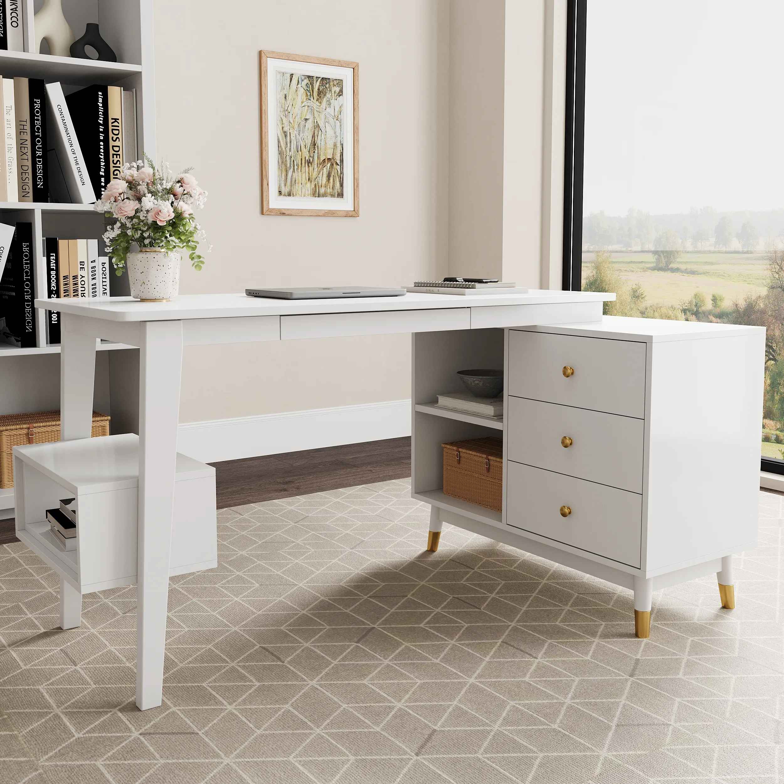 Ultic L-Shaped Desk with Storage Drawers - Warm White product