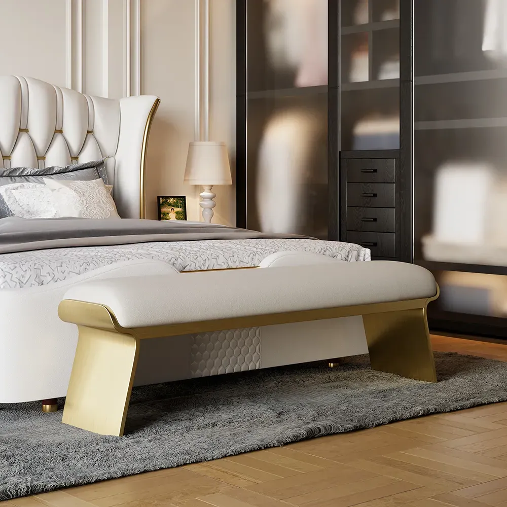 Upholstered Long Bench Gold Stainless Steel Frame - Beige, Leather product