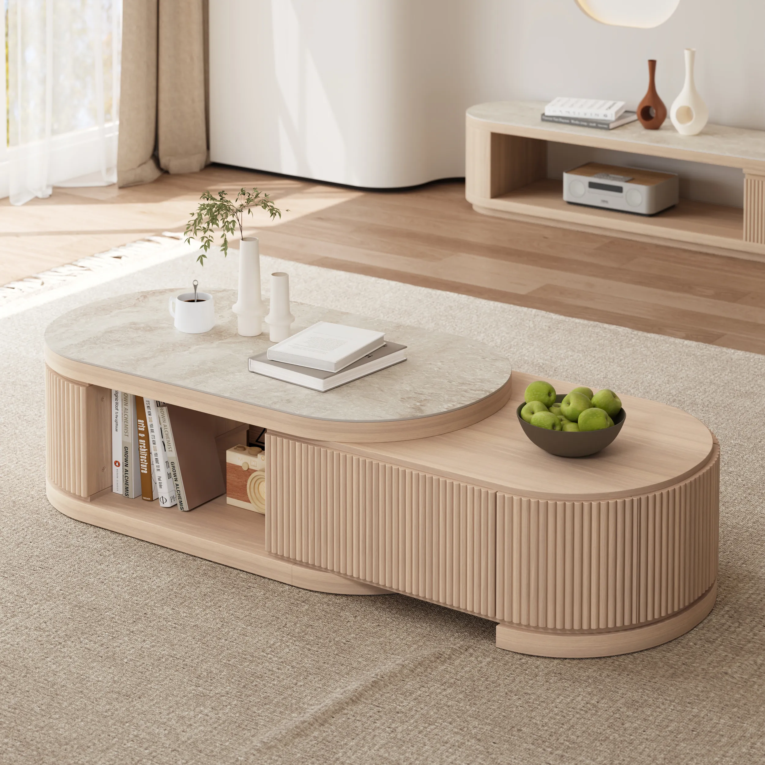 Velar Extendable Coffee Table with Storage - Whitewash, Sintered Stone product