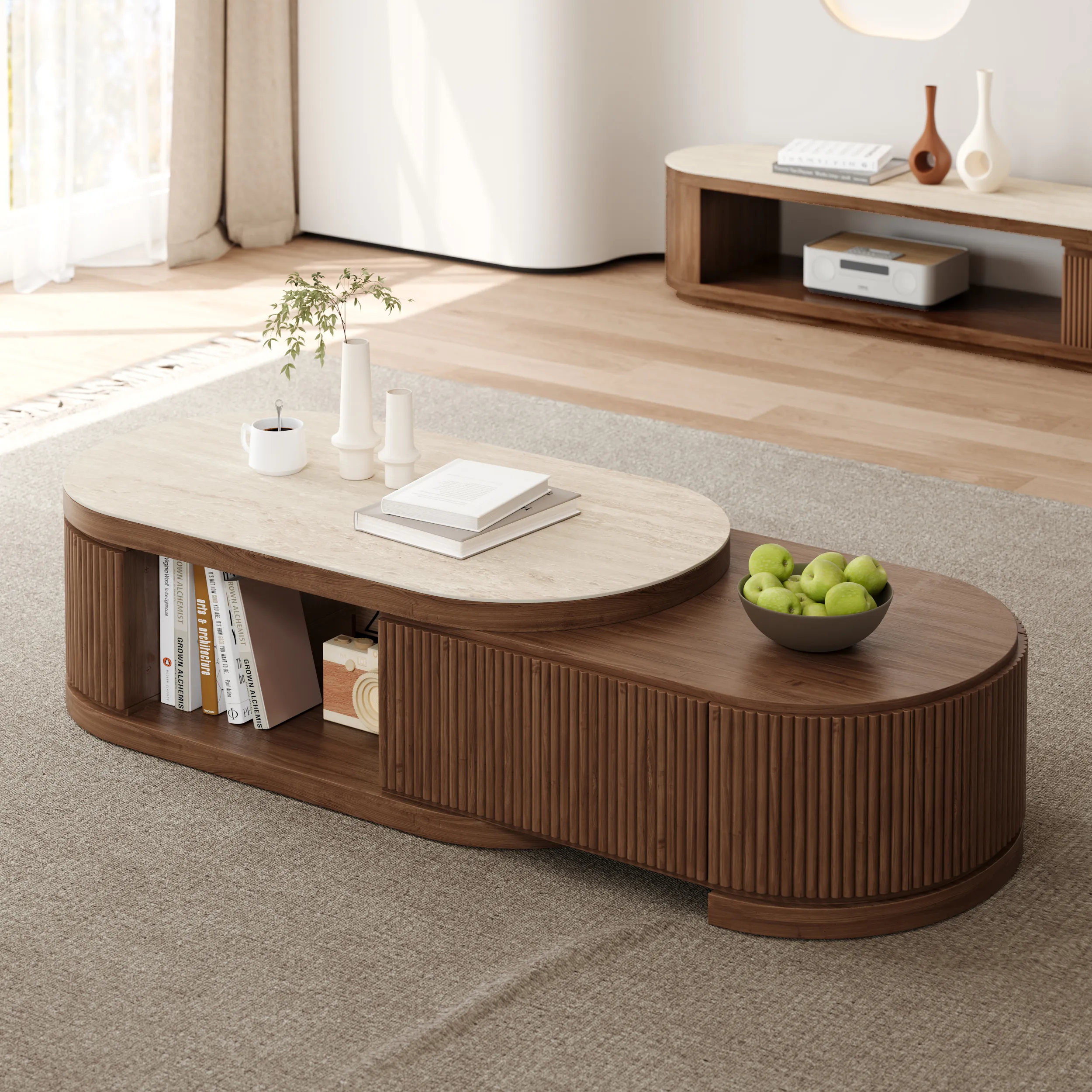 Velar Oval Extendable Coffee Table with Storage - Travertine, Sintered Stone product