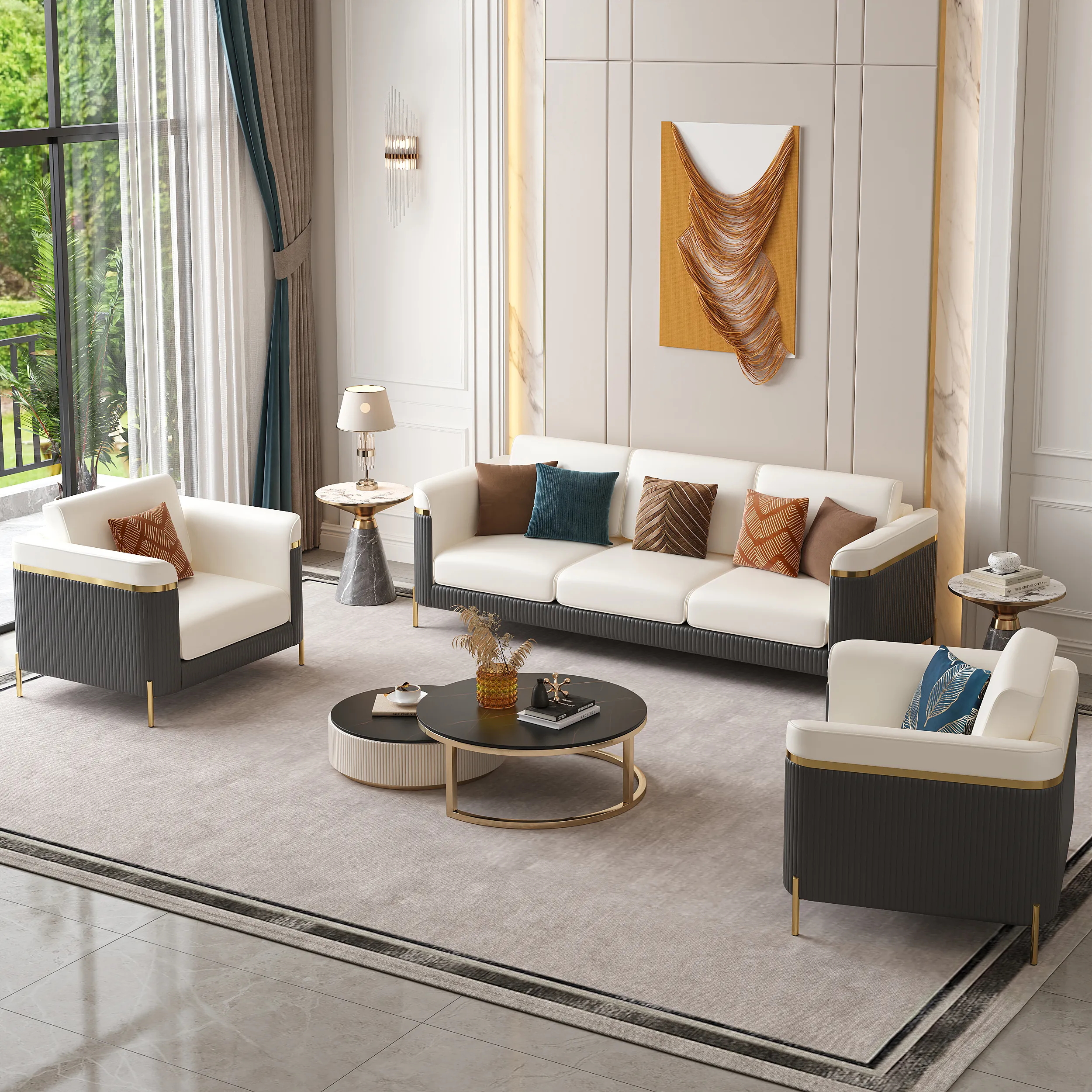 Vertex 3-Piece Sofa Set with Cushions - Beige, Faux Leather product