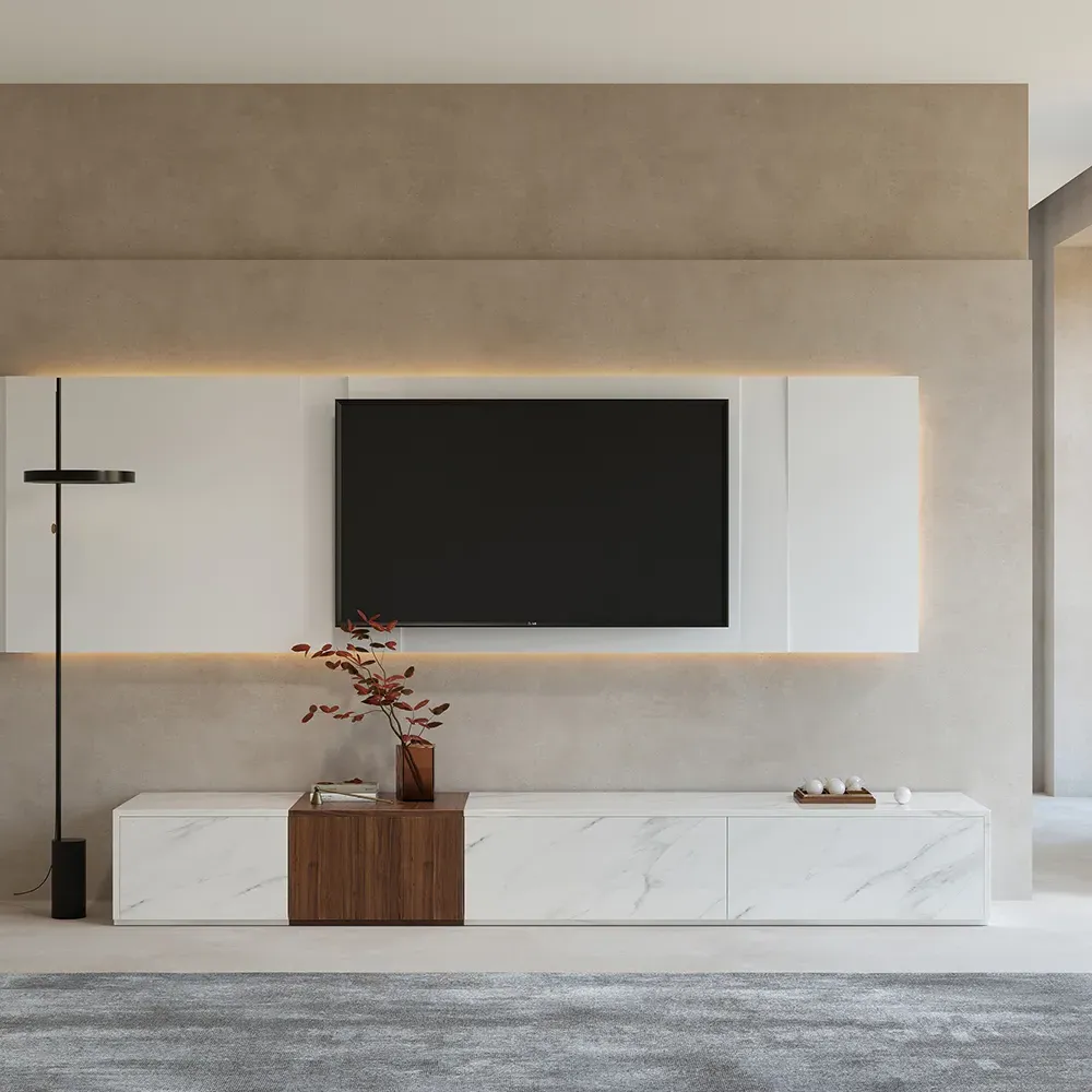 Vewal TV Stand with 4 Drawers - White, Marble & Walnut Veneer product
