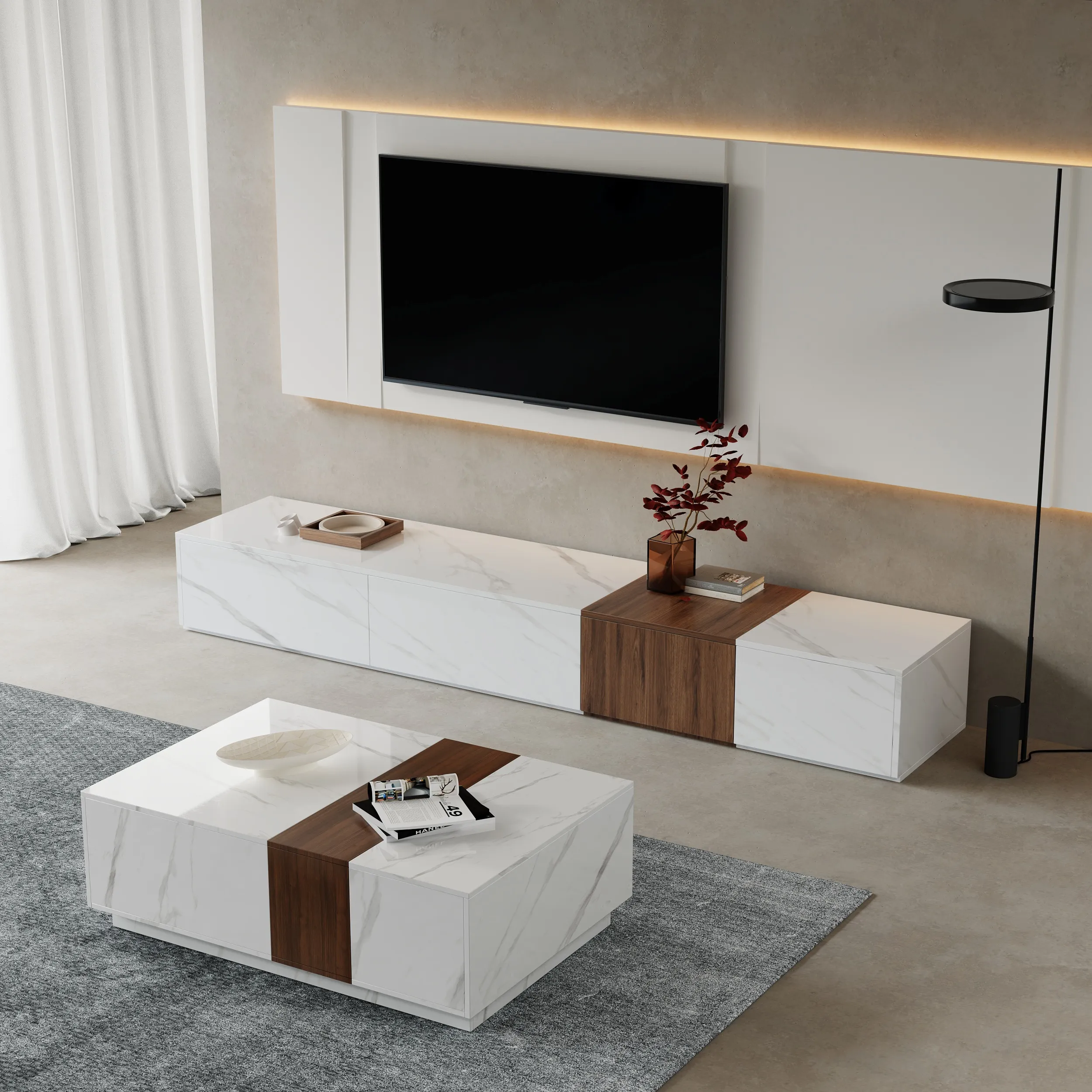 Vewal Wood Block TV Stand & Coffee Table Set - White, Marble Veneer product