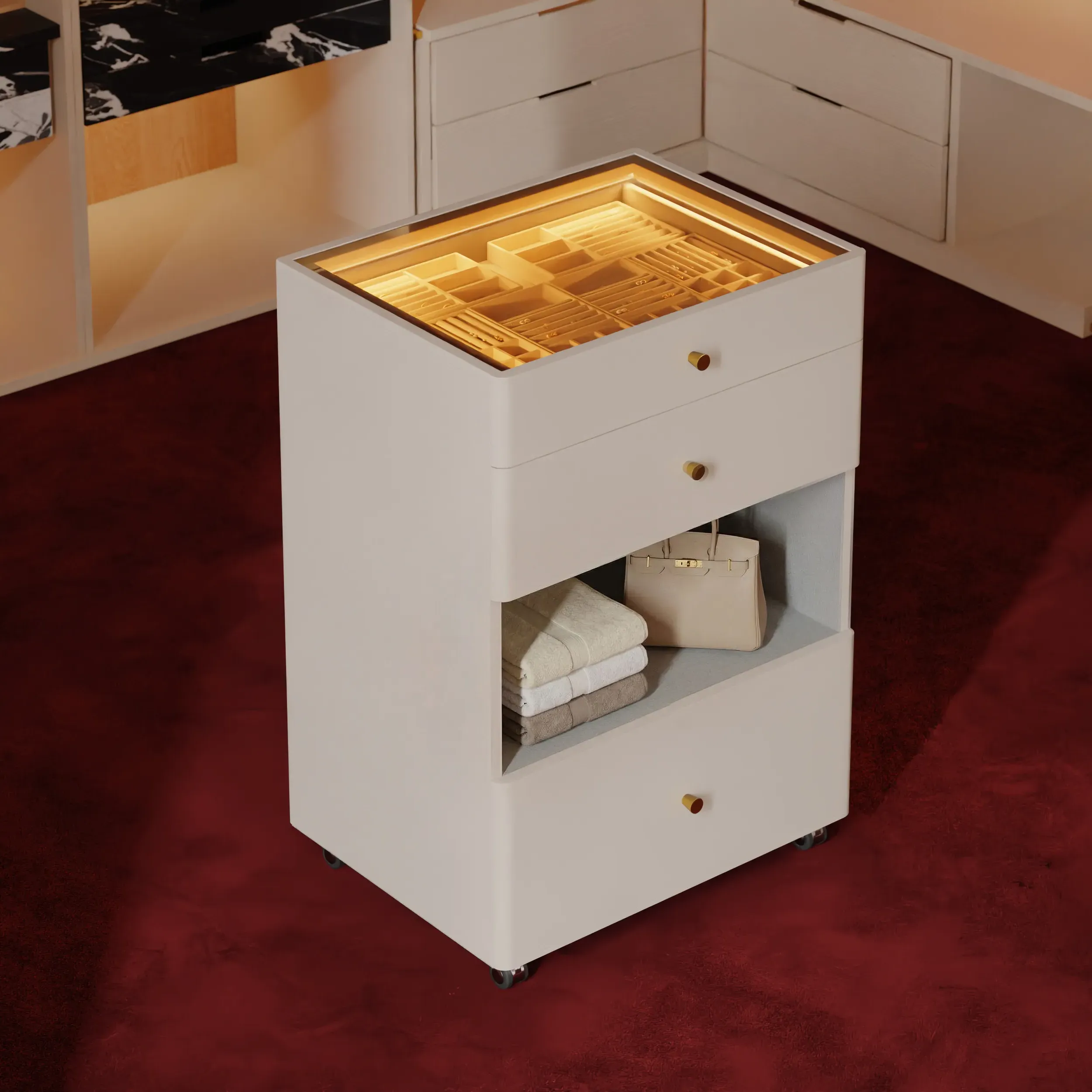 Walk-In Closet Island Jewellery Dresser with Glass Top - Oatmeal, Saddle Leather product