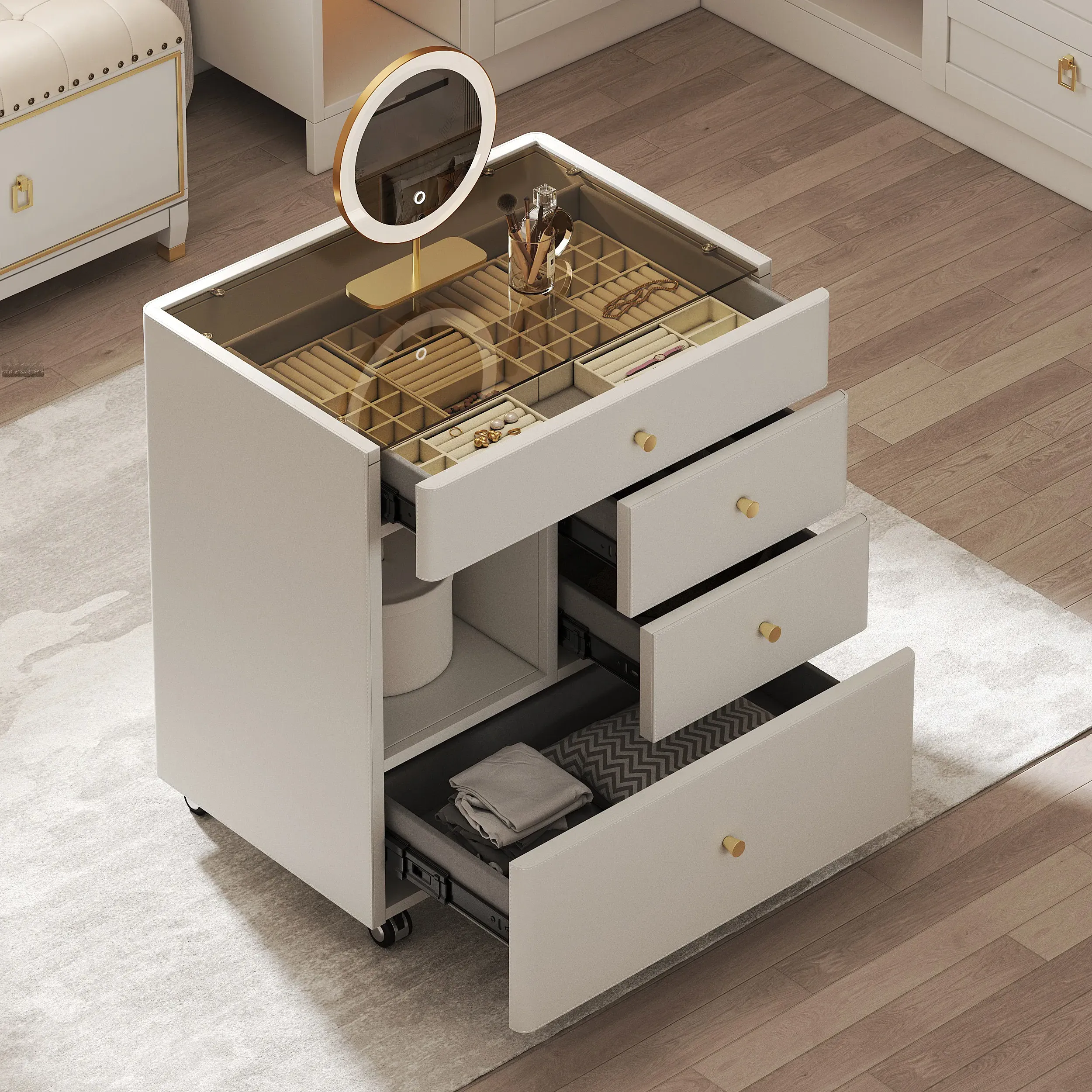 Walk-In Wardrobe Island Jewellery Dresser - Oatmeal, Leather product