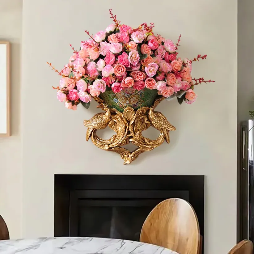 Wall Hanging Carved Artificial Flowers in Vase - Pink, Gold product