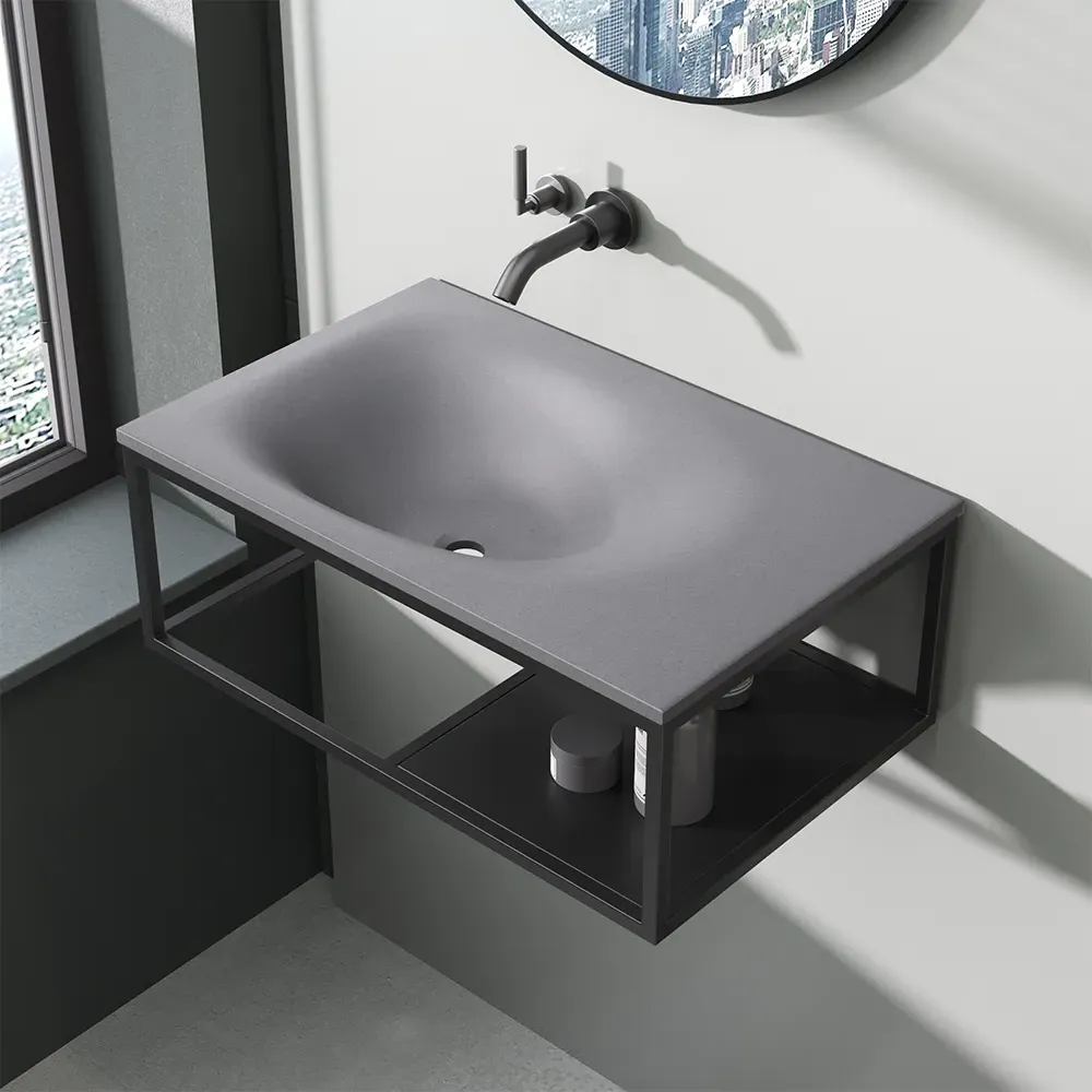 Wall-Mount Bathroom Basin with Towel Bar & Shelf - Grey, Concrete product