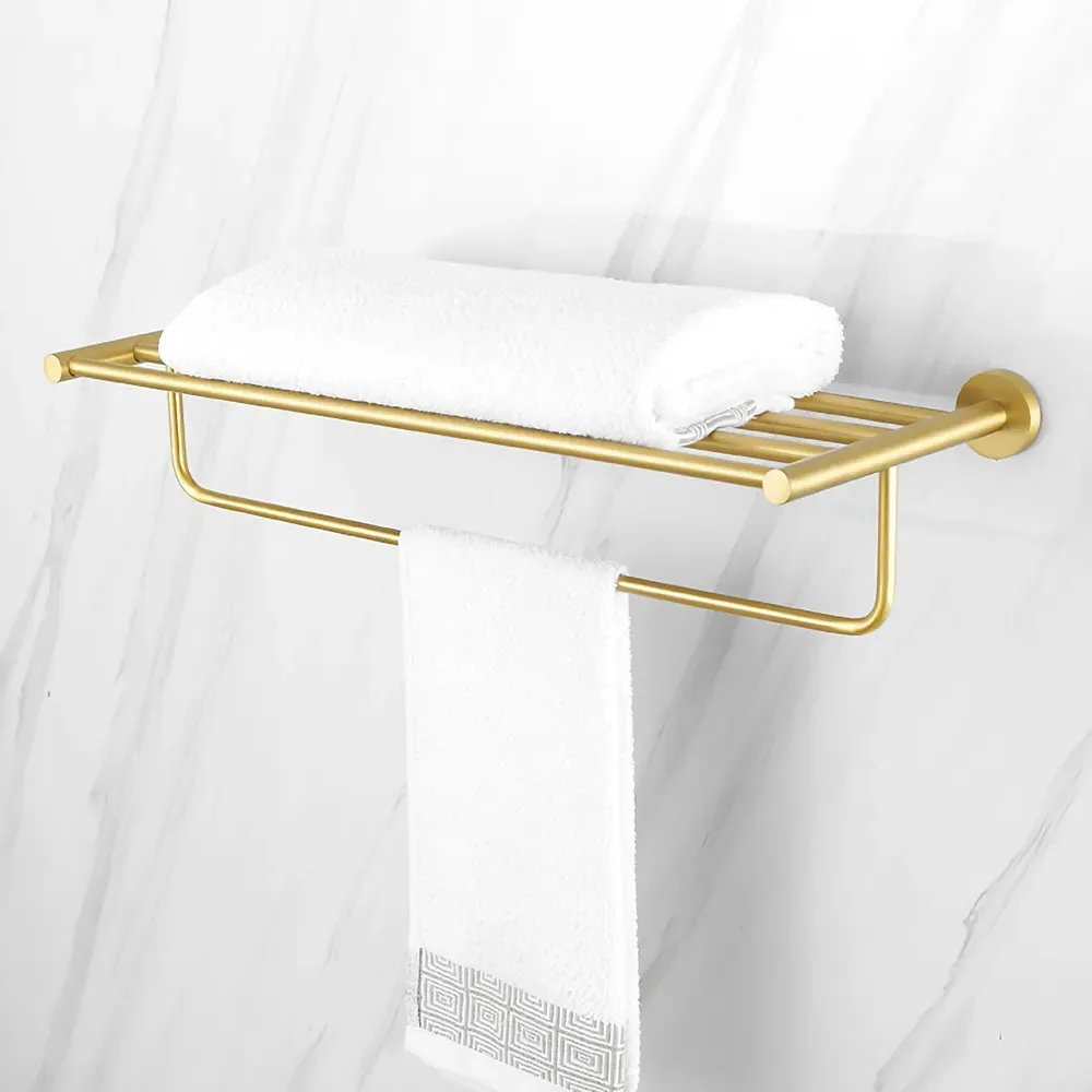 Wall Mounted Bathroom Shelf with Towel Rack - Brushed Gold, Brass product