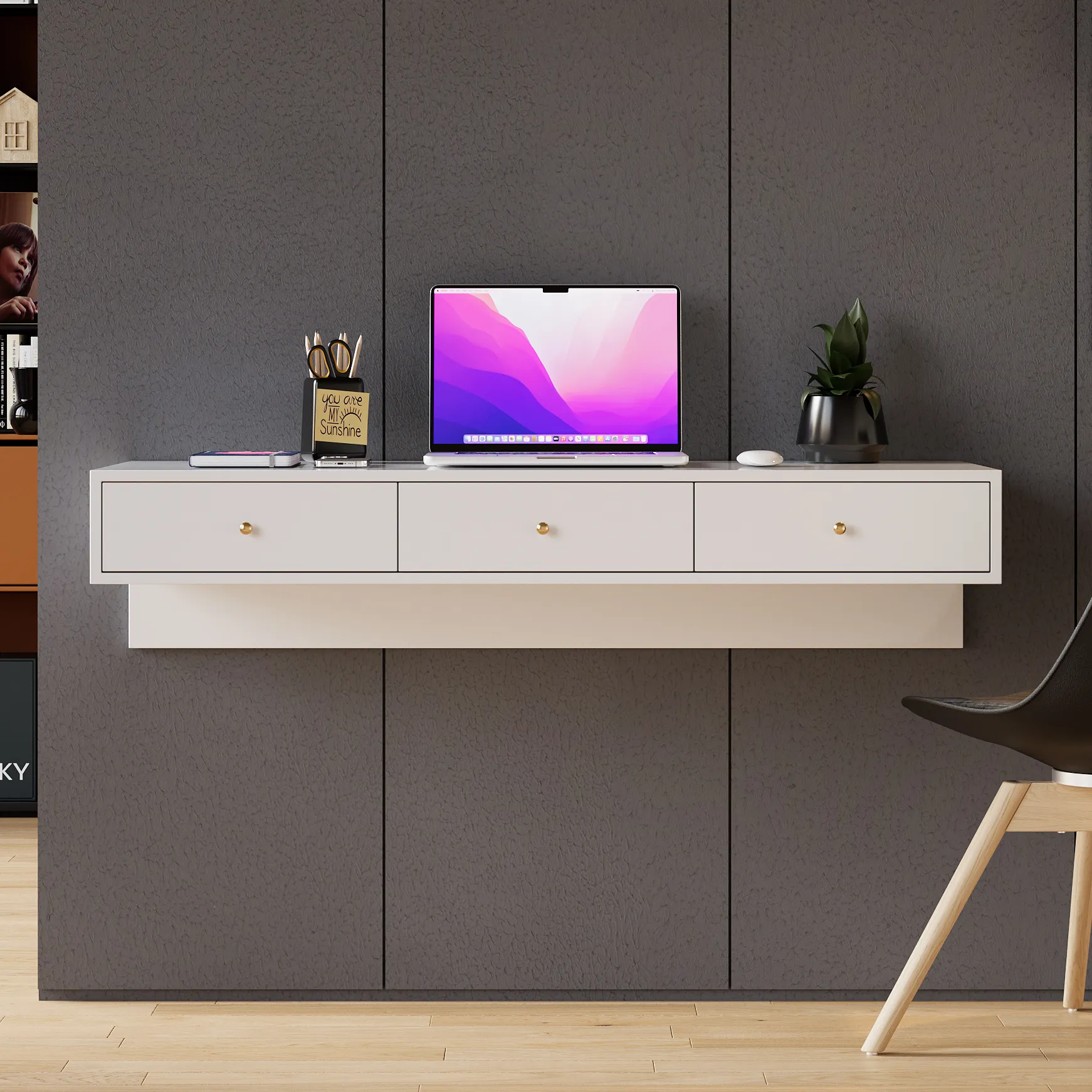 Wall Mounted Floating Desk with Drawers - White, Pine Wood product