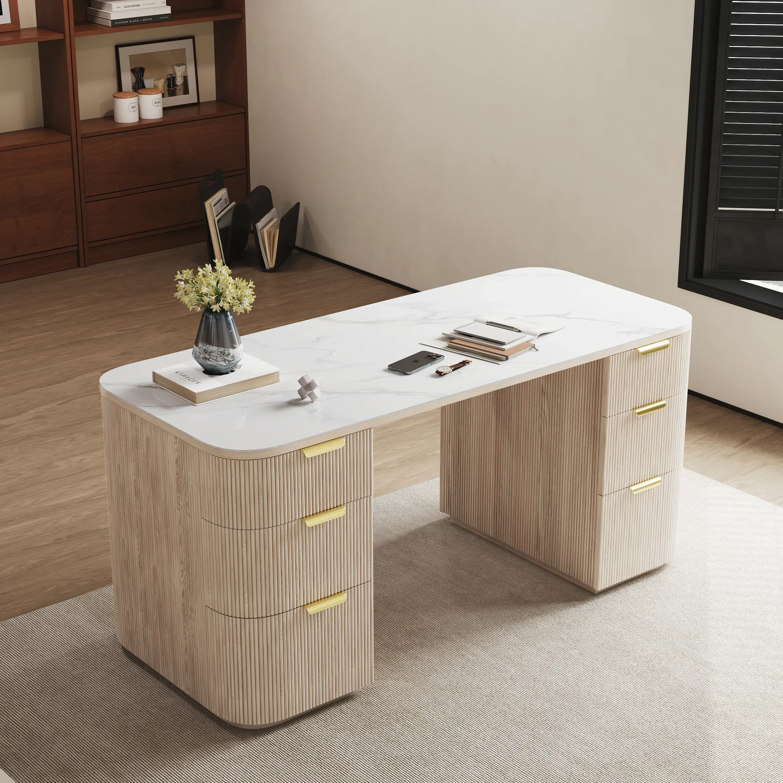 Wash White Ash Wood & Sintered Stone Rectangle Desk with 6 Drawers product