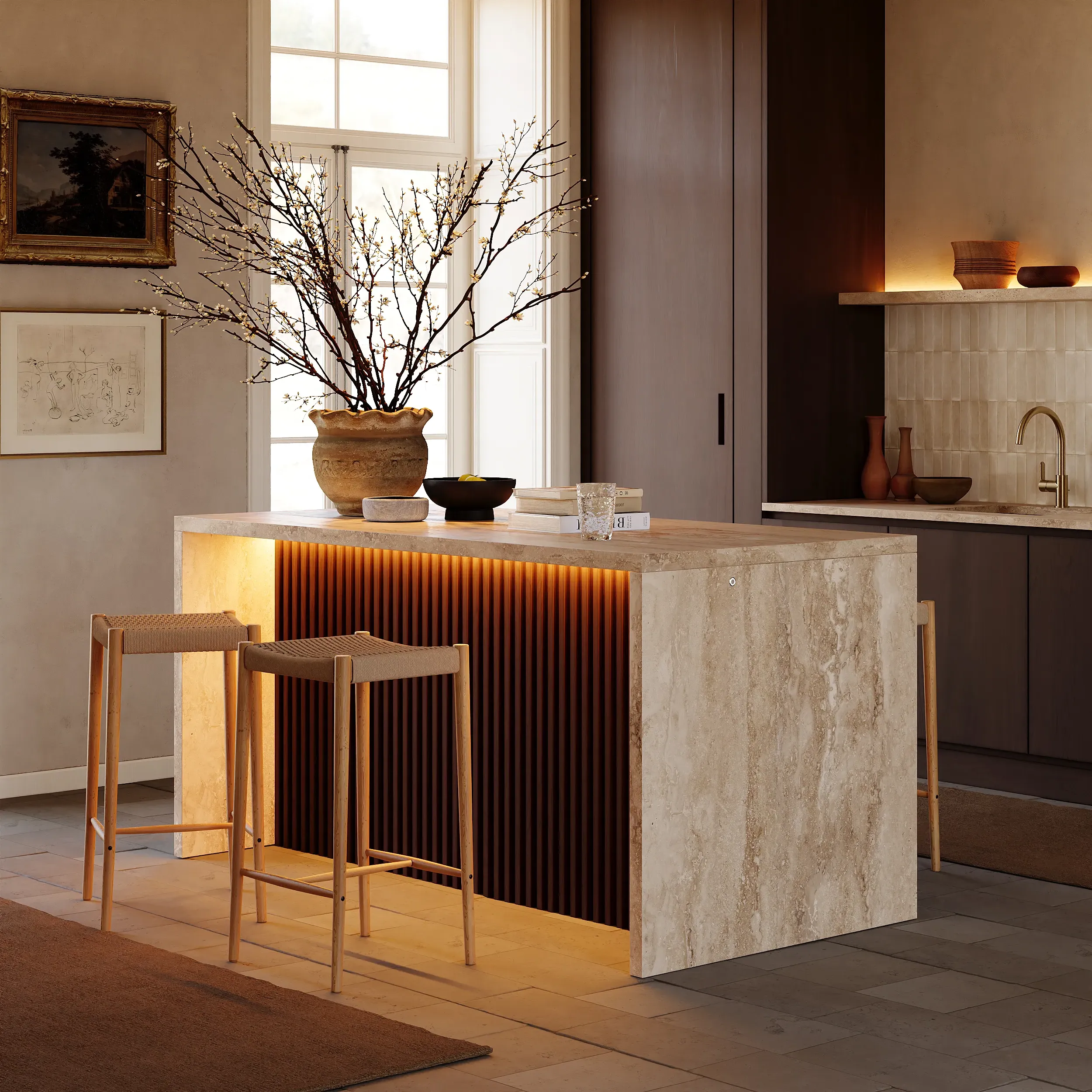Waterfall Kitchen Island with Storage & Dimmable LED - Matte Travertine product