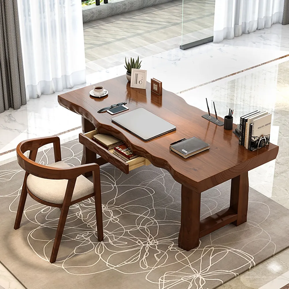 Wave Shape Office Desk with Drawer - Walnut, Rubberwood product