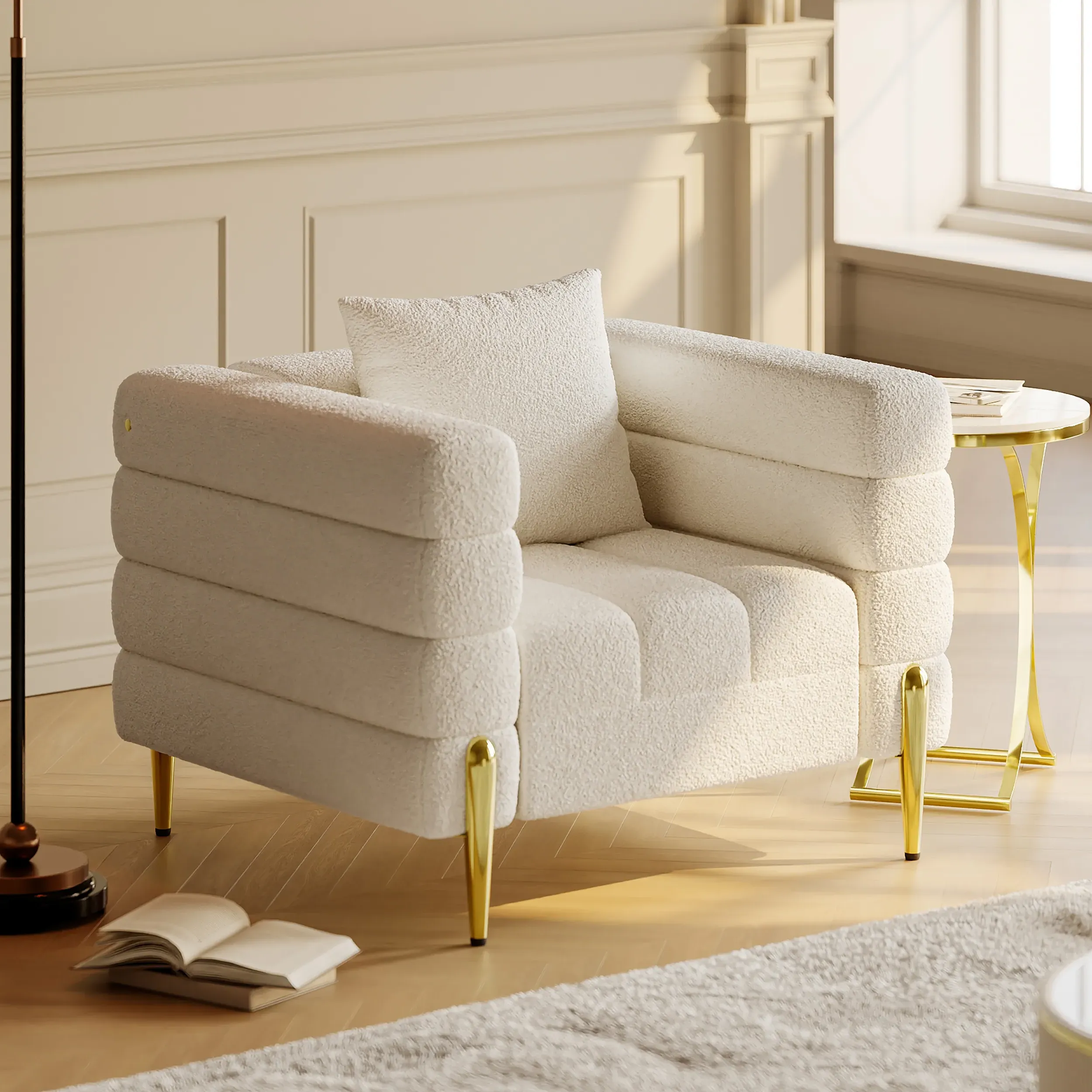 White Boucle Accent Armchair - Gold Legs product