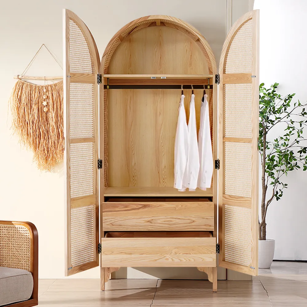 Woven Rattan Armoire Wardrobe with Drawers - Natural product