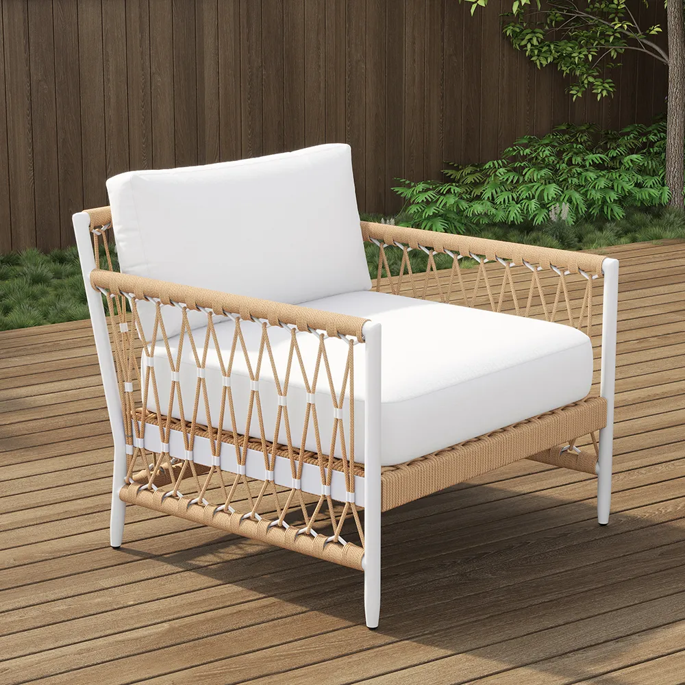 Woven Rope Outdoor Armchair with Cushion - White, Aluminum product